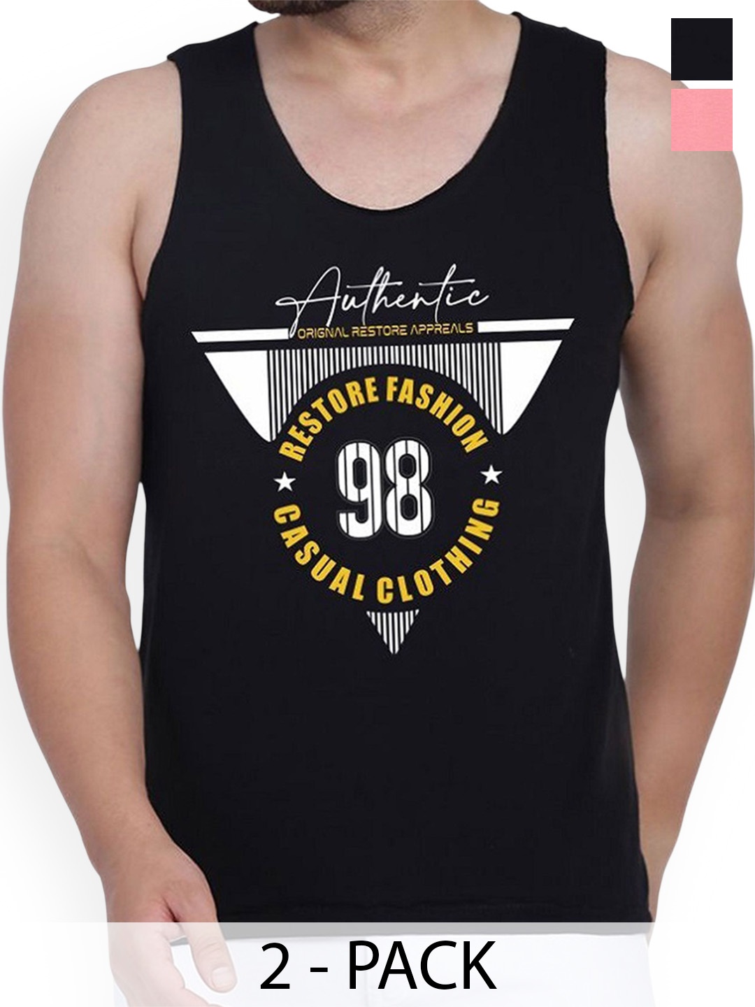 

WOOSTRO Pack Of 2 Printed Combed Cotton Gym Vest RS26 CMB (HARD PEACH) (98 BLACK)