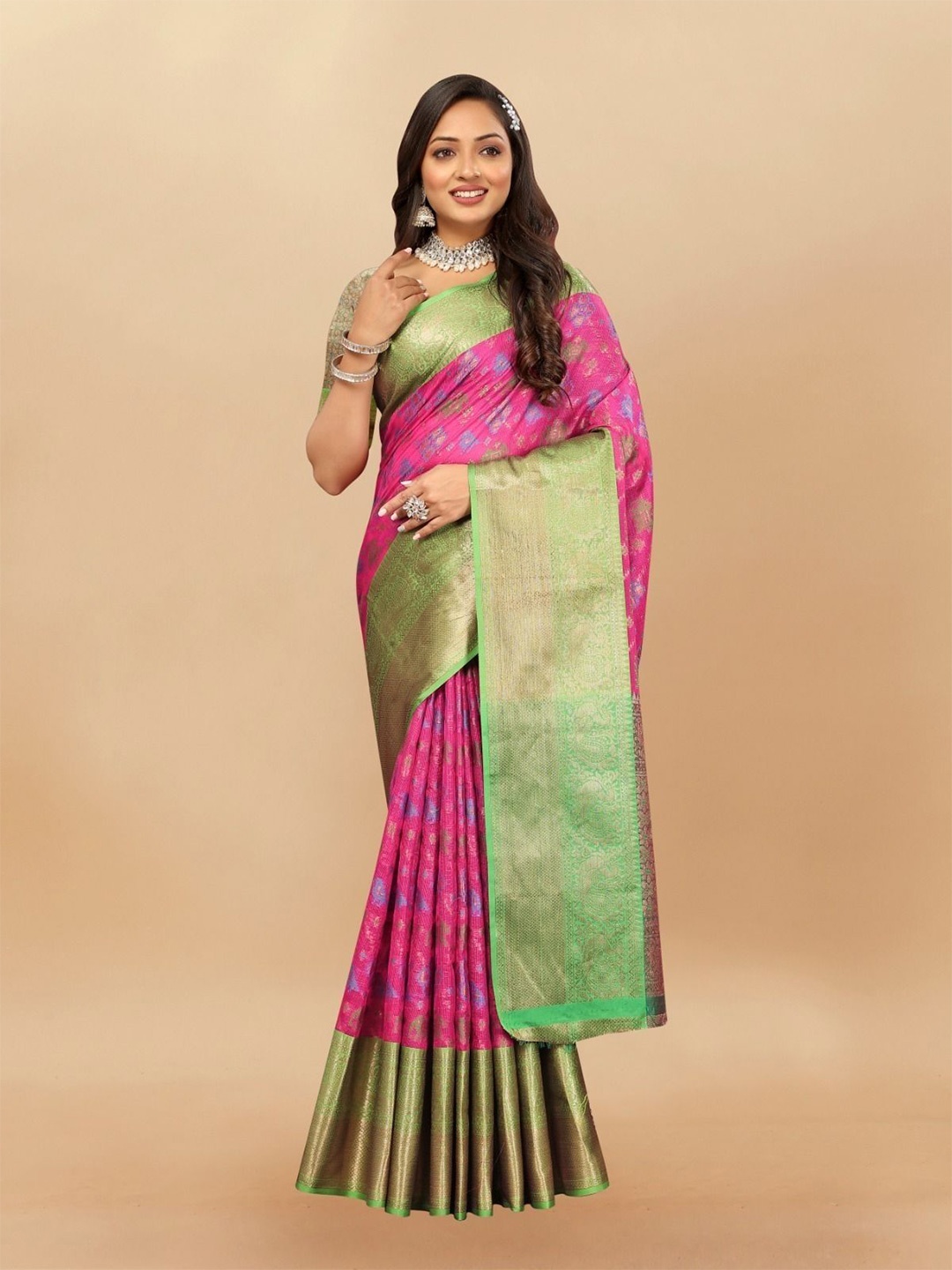 

bansari textiles Woven Design Zari Paithani Saree, Pink