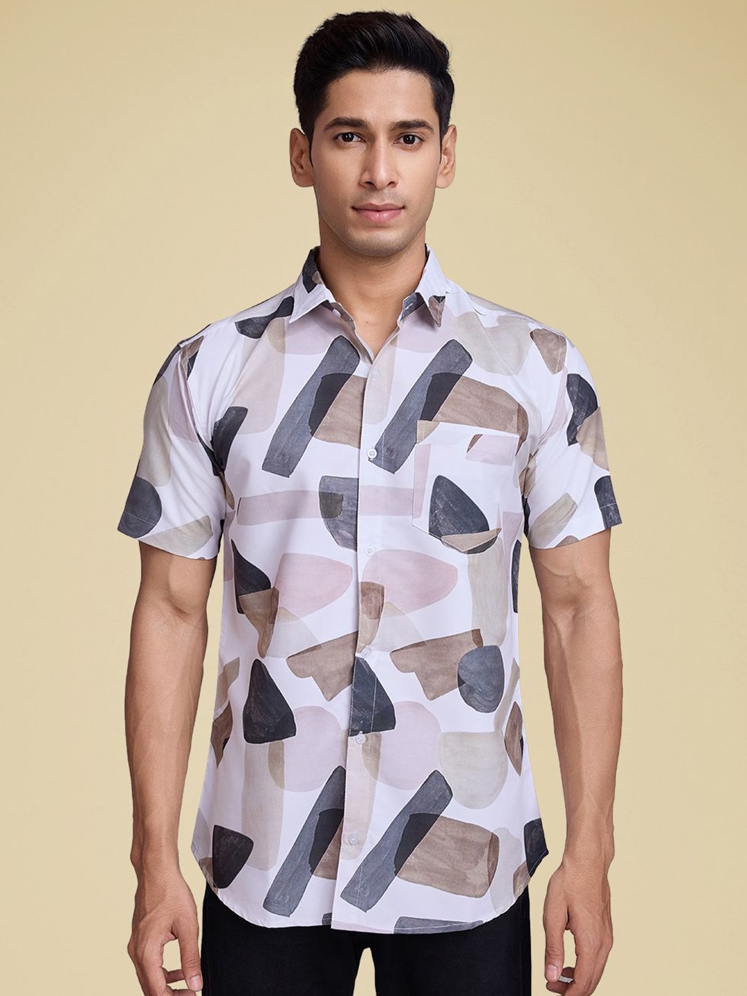

SZN Men Standard Fit Spread Collar Abstract Printed Cotton Casual Shirt, White