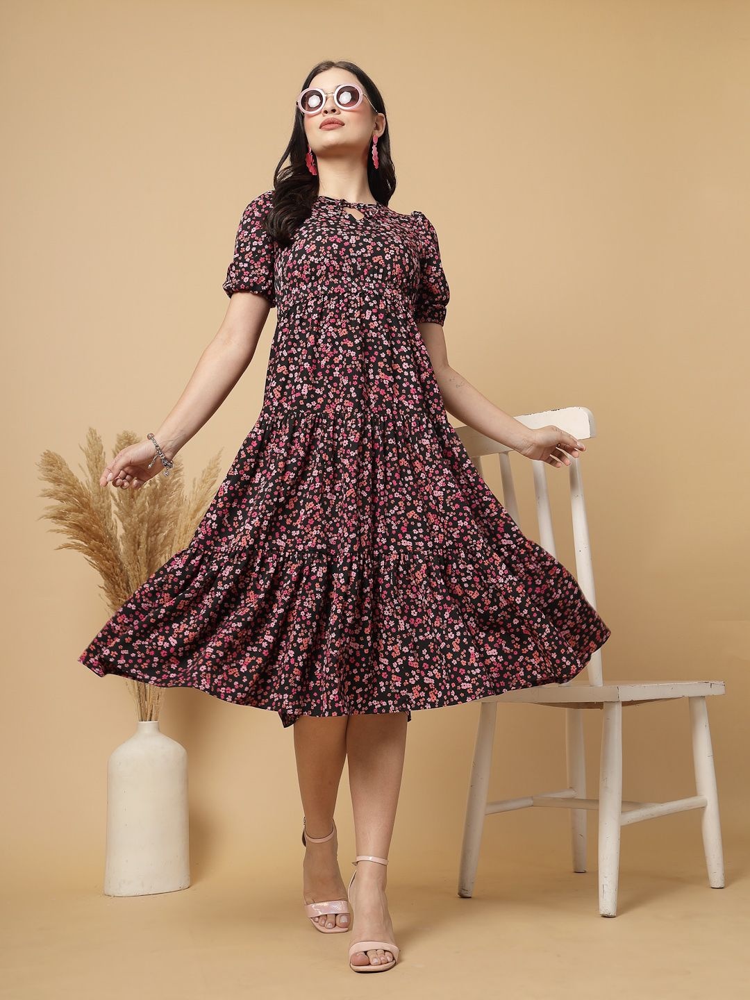

RAASSIO Women Floral Printed Tie-Up Neck Puff Sleeve Fit & Flare Midi Dress, Pink