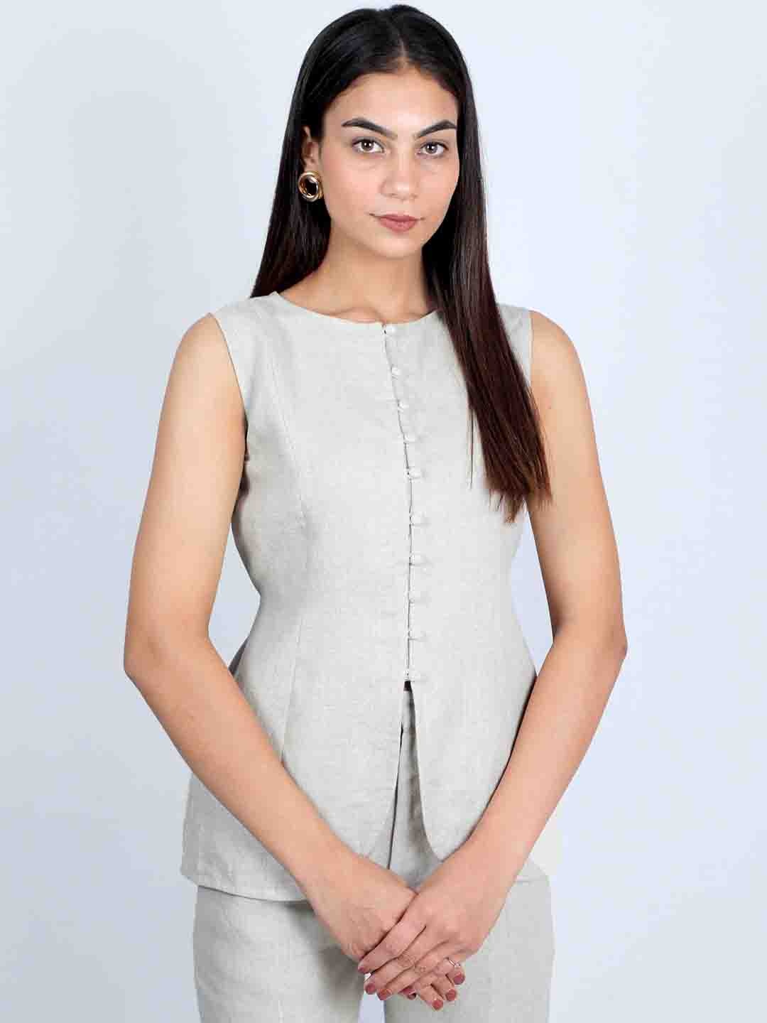 

House of Harakh Round Neck Linen Waistcoat, Grey