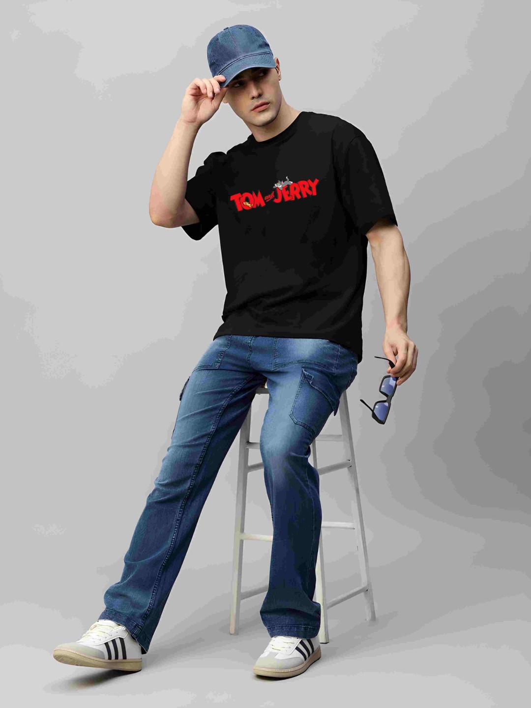 

Krimmple Men Tom & Jerry Typography Printed Round Neck Cotton Oversized T-shirt, Black