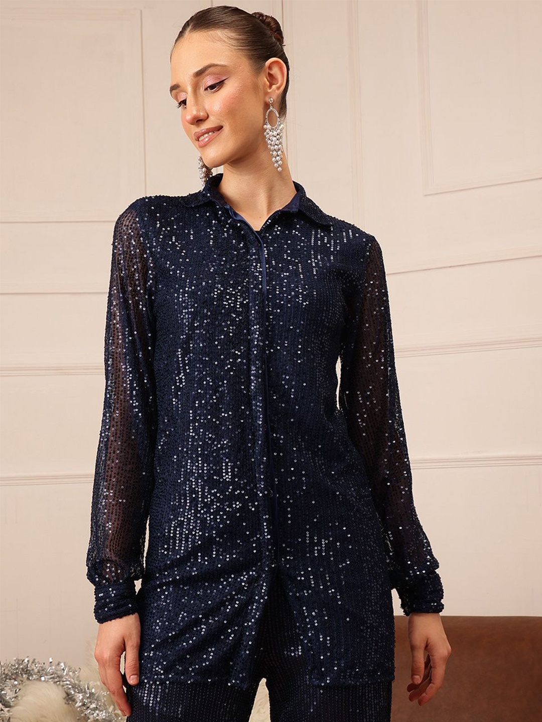 

CORSICA Women Spread Collar Solid Party Shirt, Navy blue