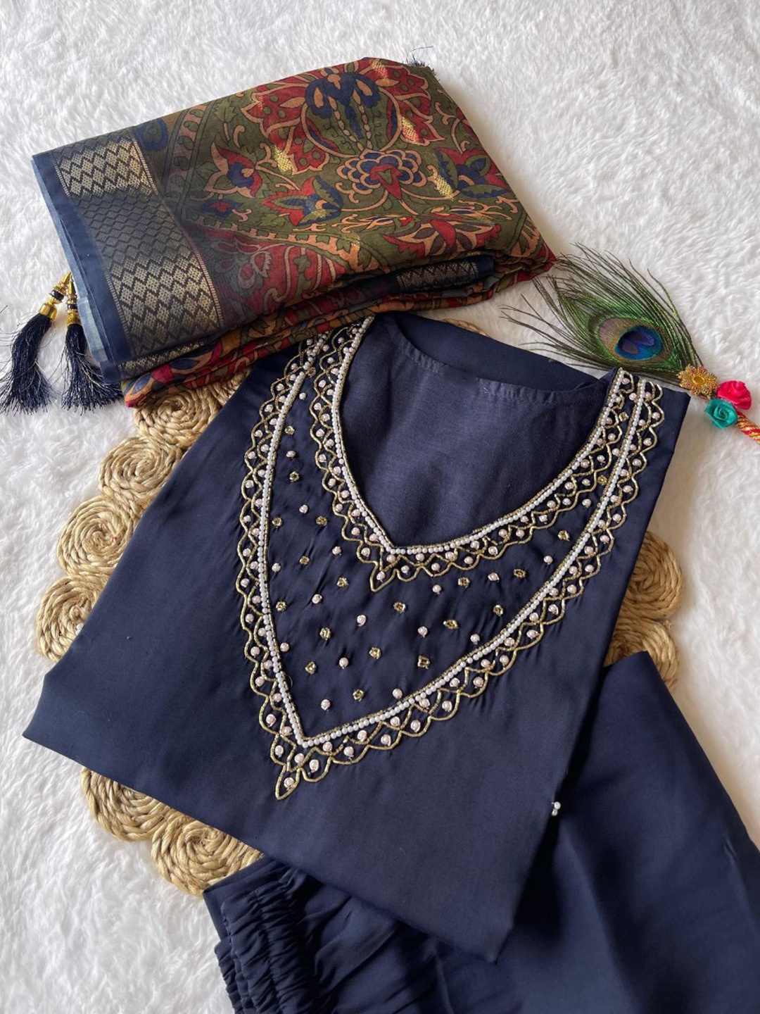 

XAYCRA CREATION Geometric Yoke Design Beads Work Pure Silk Kurta With Pyjama & Dupatta, Blue