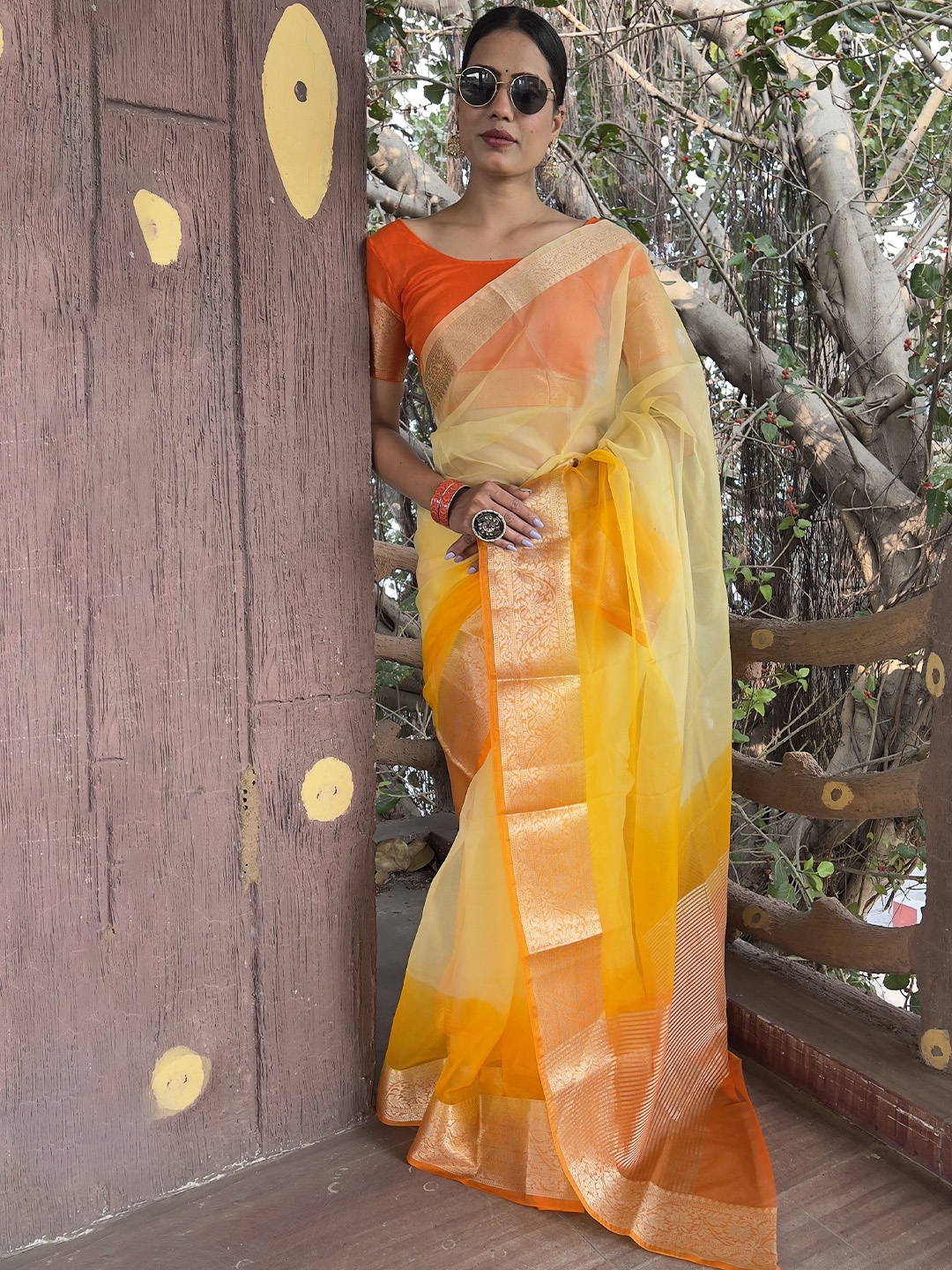 

bansari textiles Ombre Dyed Zari Organza Kota Saree, Yellow