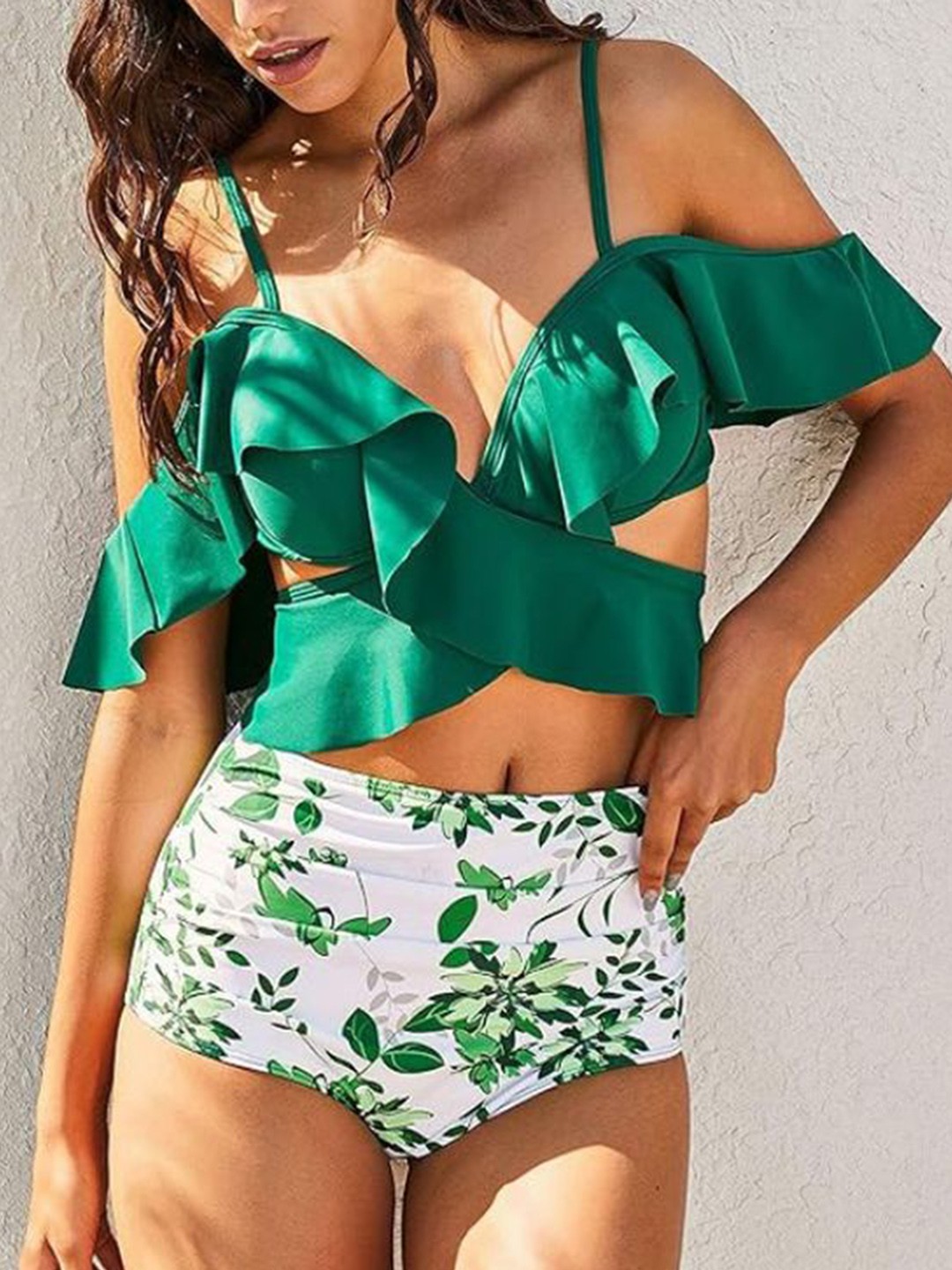 

Plus Curvves Women Printed Shoulder Straps Swim Bikini Set, Green