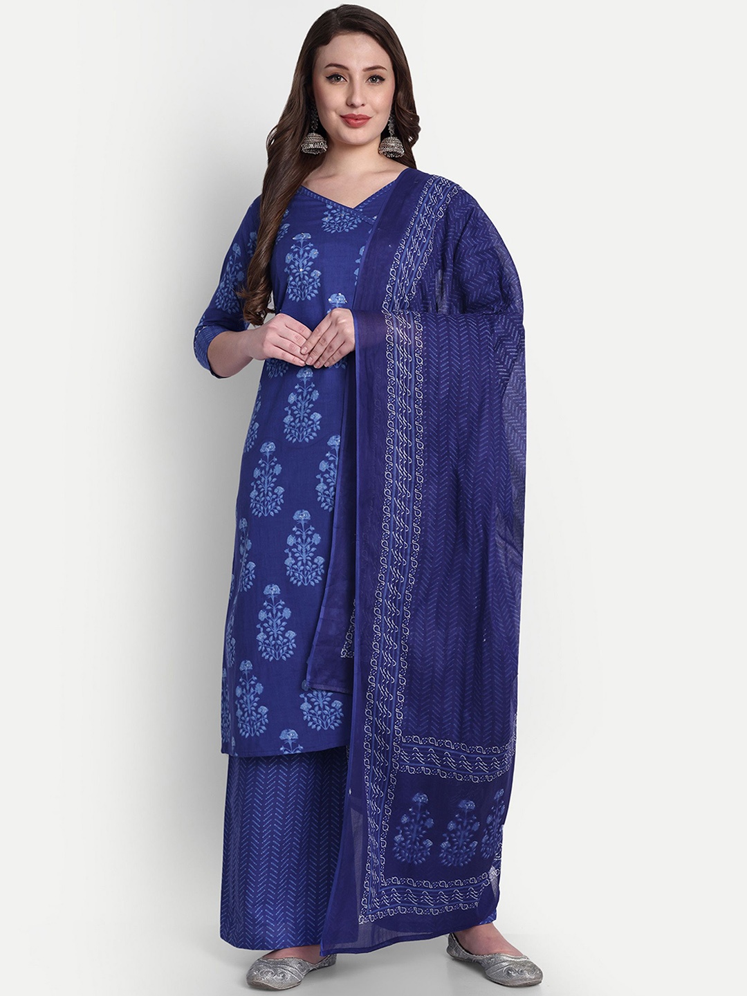 

Hujum Floral Printed Sequinned Pure Cotton Straight Kurta With Palazzos & Dupatta, Blue