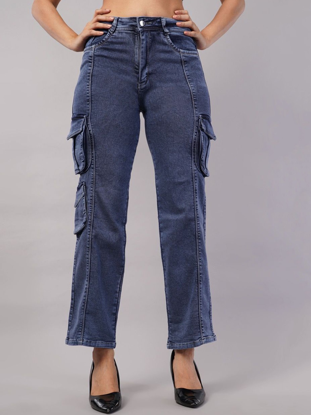 

RODEX CLOTHING Women Cotton High-Rise Light Fade Flared Cargo Styles Jeans, Blue
