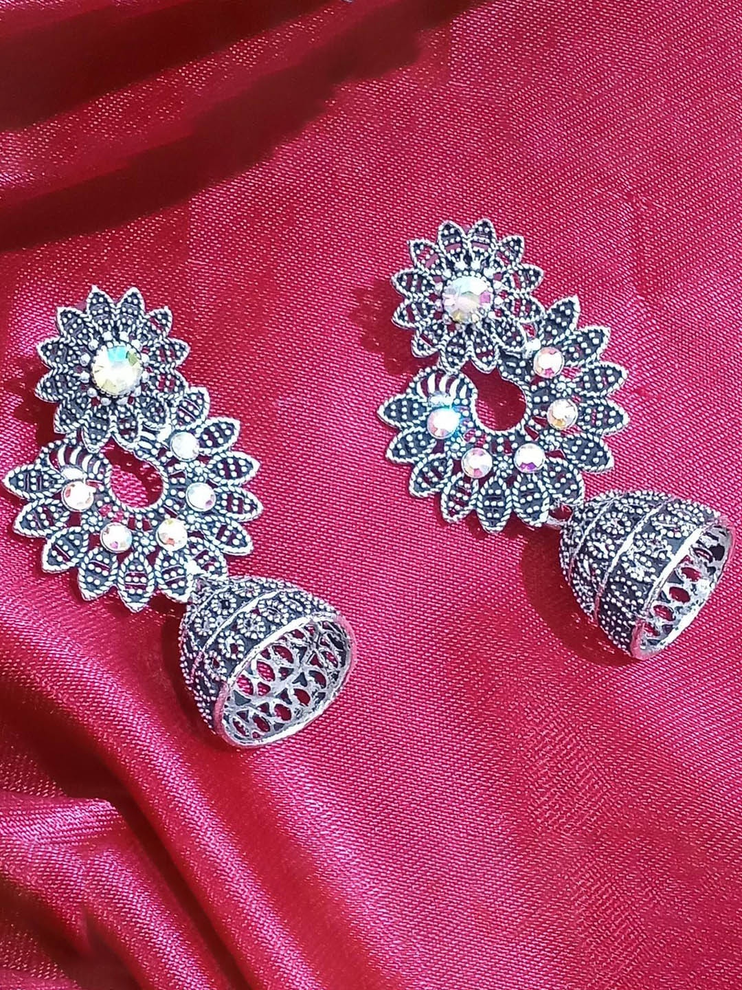 

JMBW INTERNATIONAL Set Of 2 Sterling Silver-Plated Stones Studded Dome Shaped Jhumkas