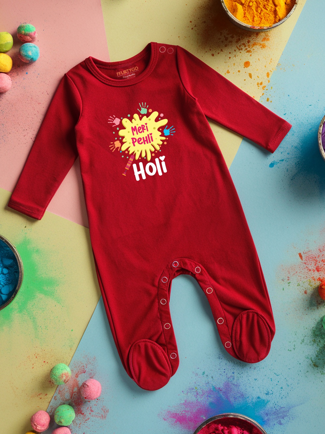 

FFLIRTYGO Infants Holi Printed Cotton Sleepsuit, Red