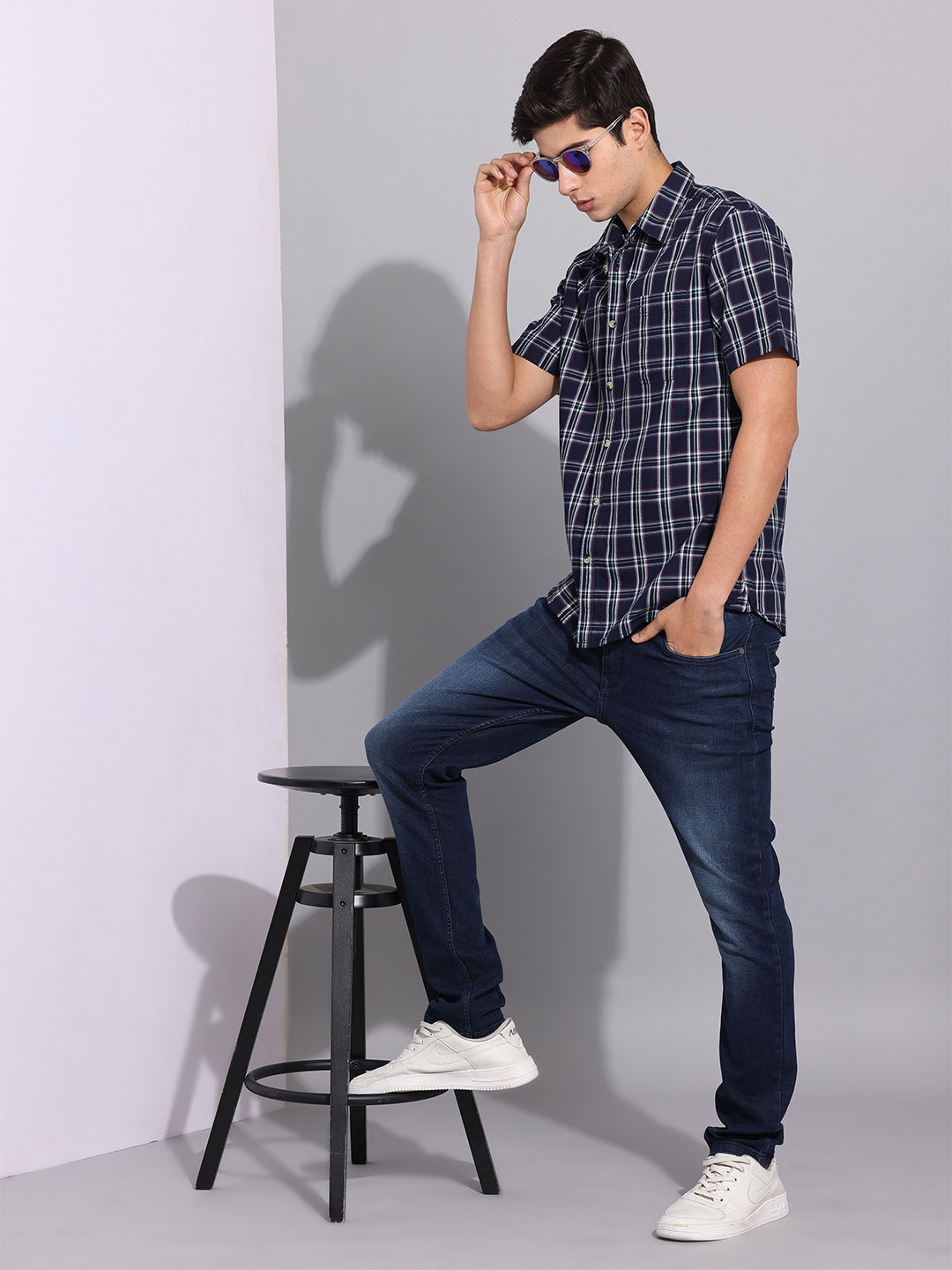 

RIGS AND RAGS Men Classic Fit Spread Collar Tartan Checked Cotton Casual Shirt, Navy blue