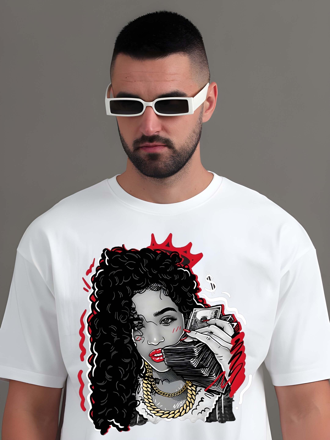 

Krimmple Men Graphic Printed Round Neck Cotton Oversized T-shirt, White