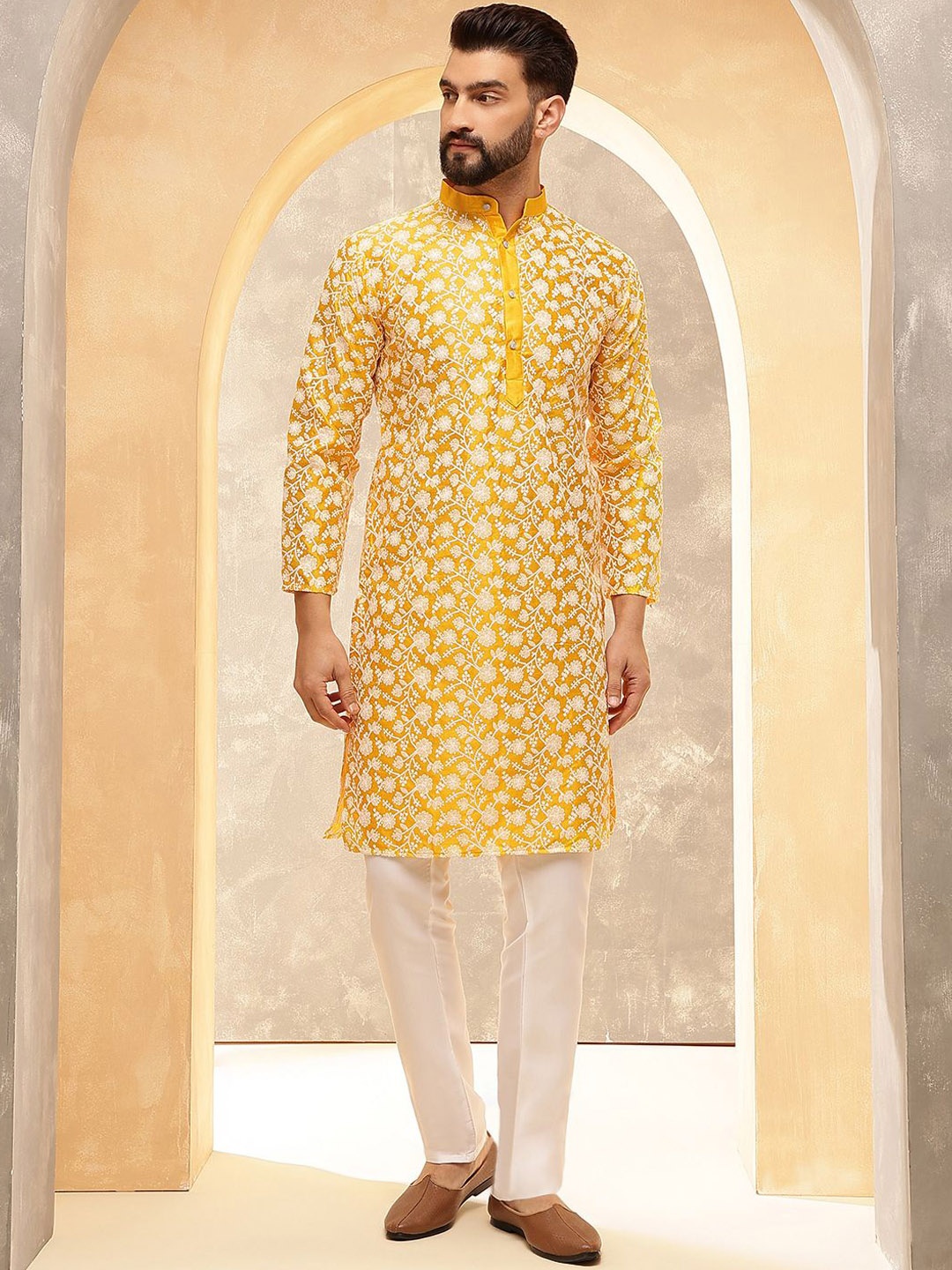 

Anouk Mustard Ethnic Motifs Embroidered Band Collar Straight Kurta