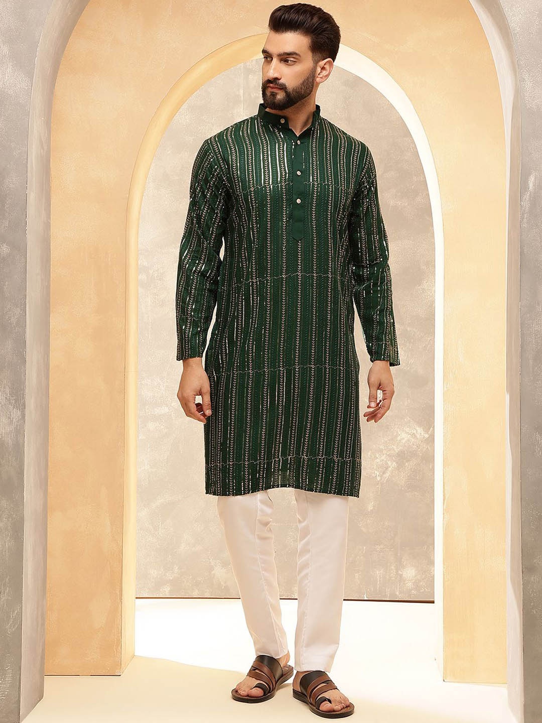 

Anouk Green Geometric Embroidered Sequence Band Collar Straight Kurta