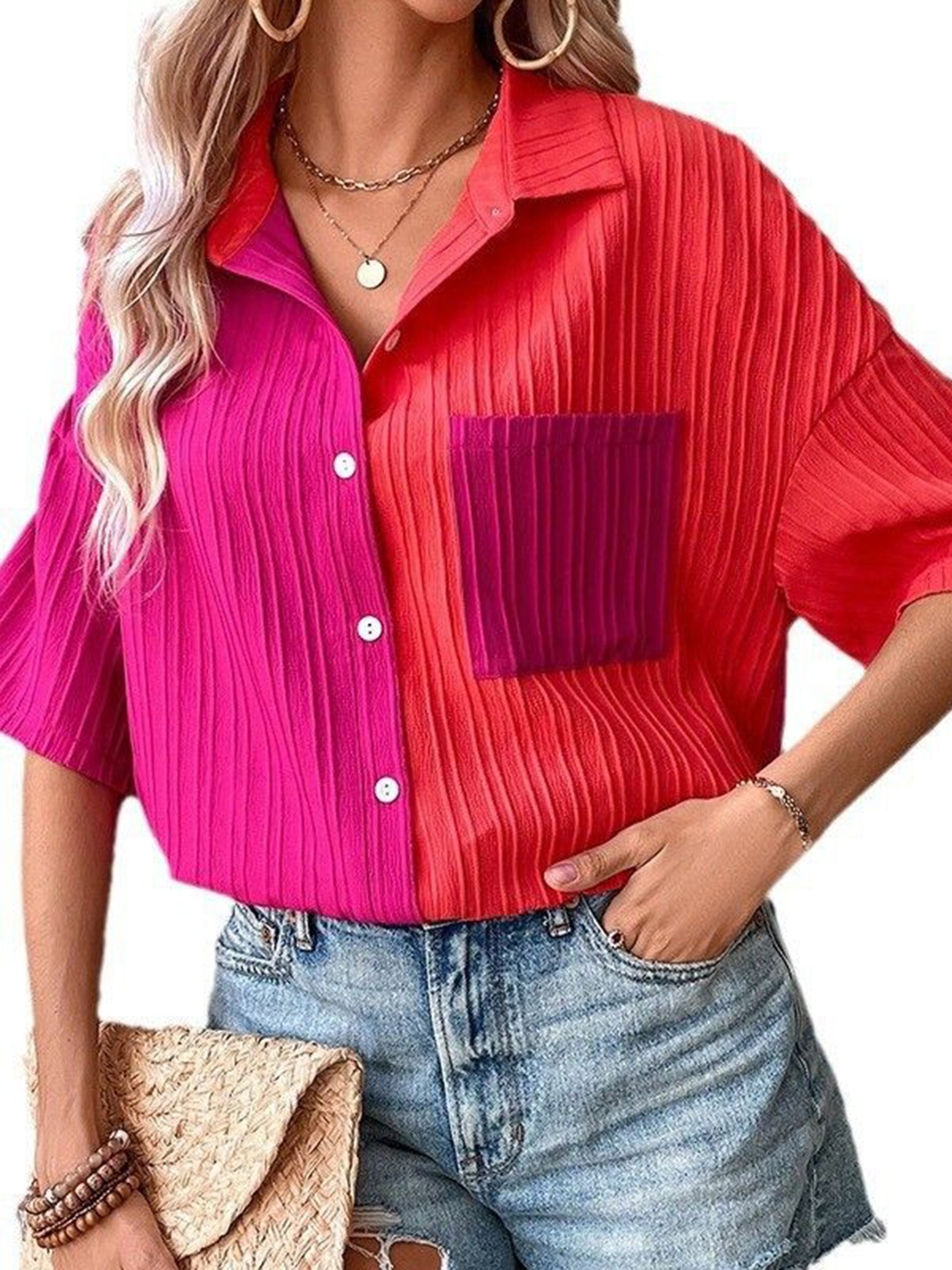 

StyleCast x Revolte Women Oversized Fit Spread Collar Colourblocked Casual Shirt, Magenta