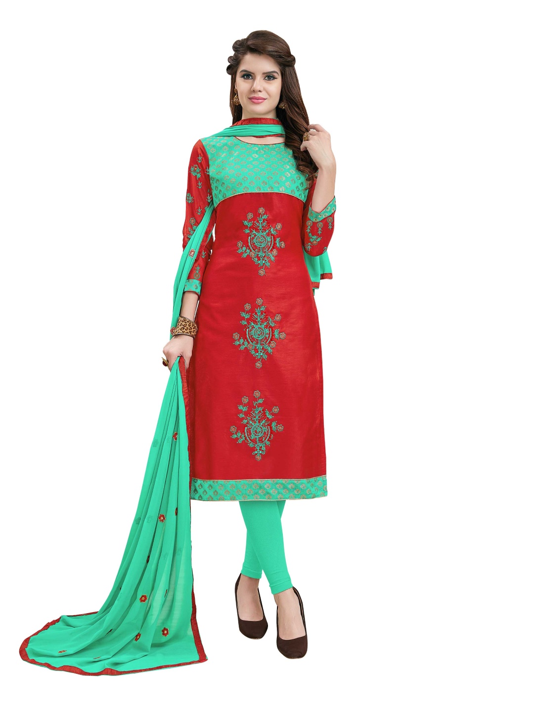 

HERE&NOW Floral Embroidered Unstitched Dress Material, Red