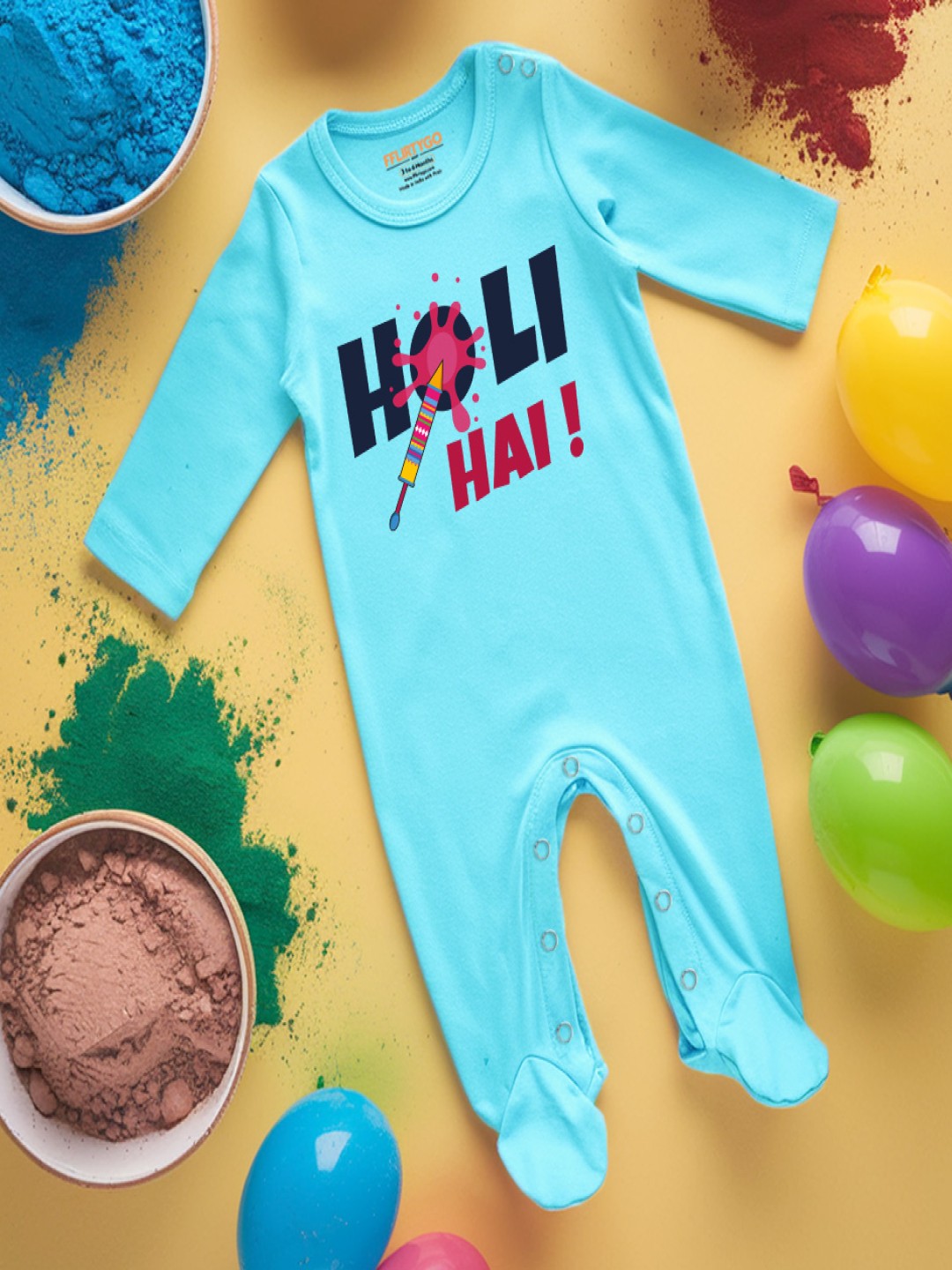 

FFLIRTYGO Infants Holi Printed Pure Cotton Sleepsuit, Turquoise blue