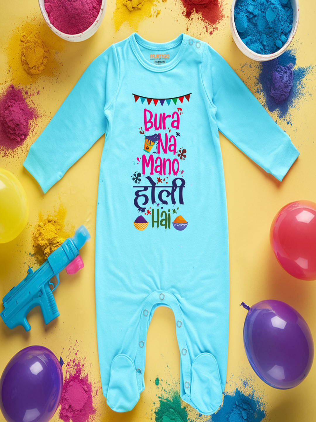 

FFLIRTYGO Infants Holi Printed Cotton Sleepsuit, Turquoise blue