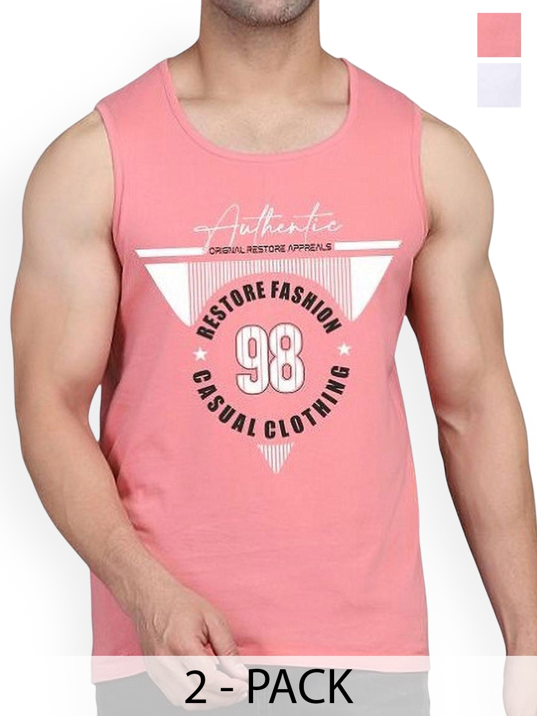 

WOOSTRO Men Pack Of 2 Printed Combed Cotton Gym Vest, Peach