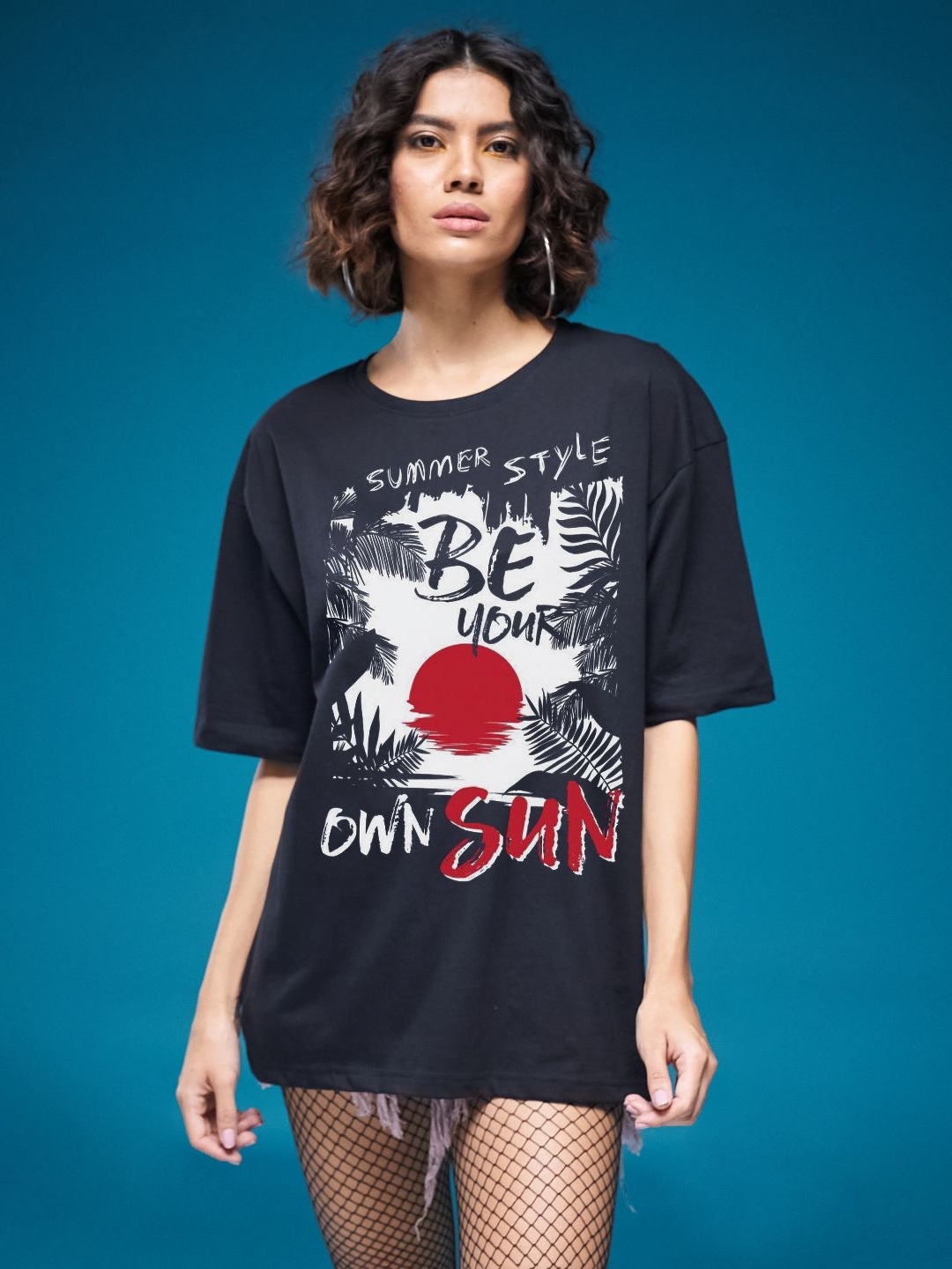 

SMARTEES Women Graphic Printed Round Neck Cotton Oversized T-shirt, Black