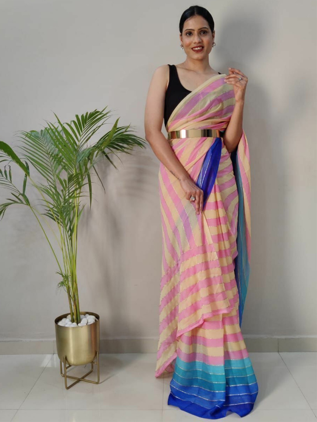 

bansari textiles Striped Silk Cotton Kota Saree, Pink