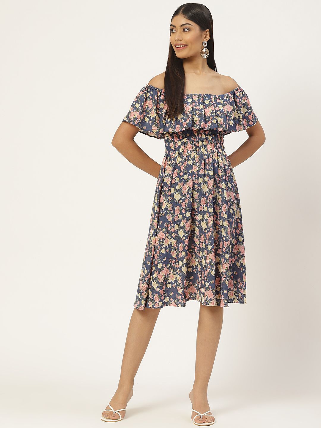 

Moda Rapido Floral Print Off-Shoulder Flared Sleeve Georgette Fit & Flare Dress, Blue