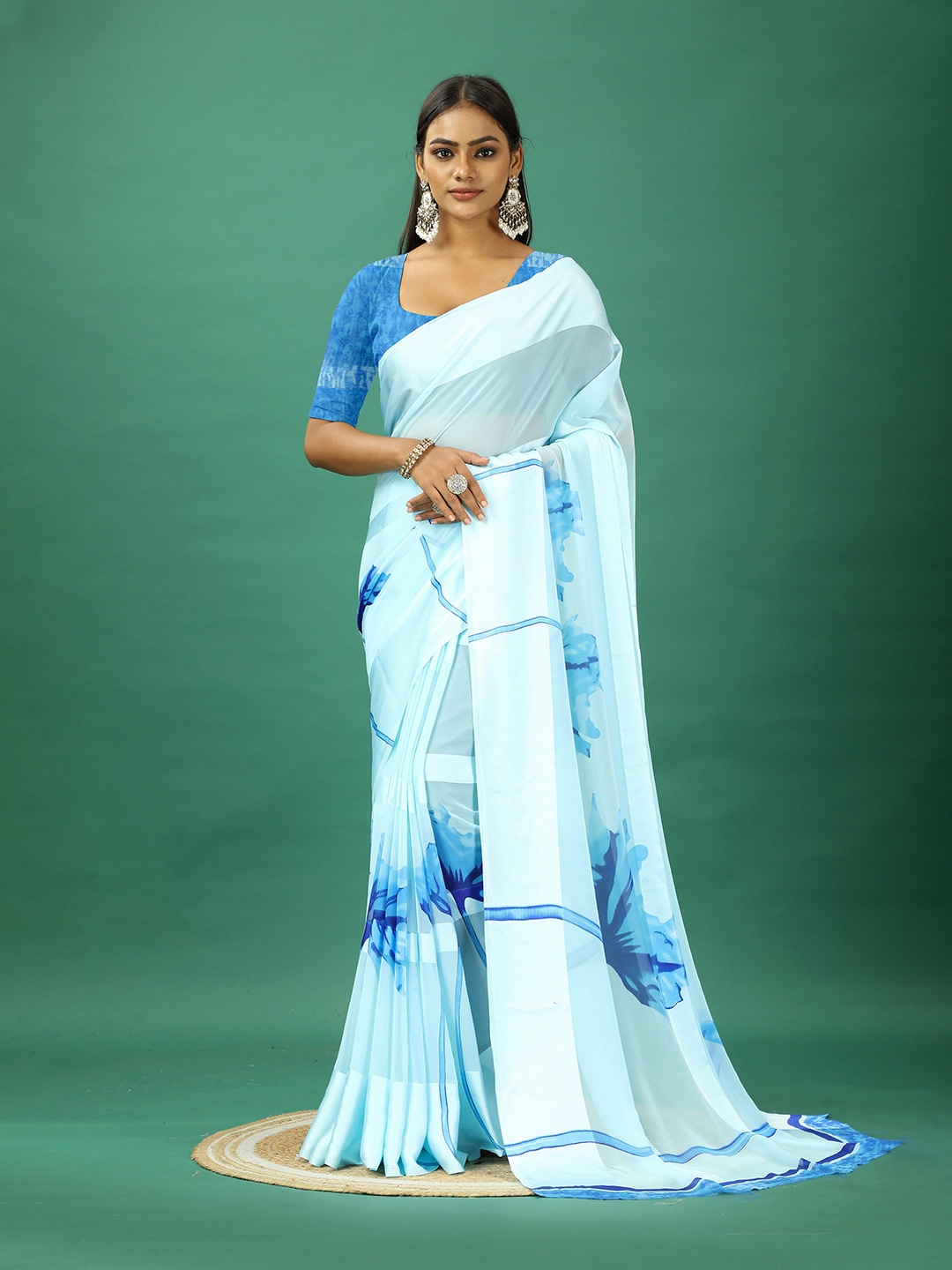 

A.V.M. SILK MILLS Striped Printed Satin Saree, Blue