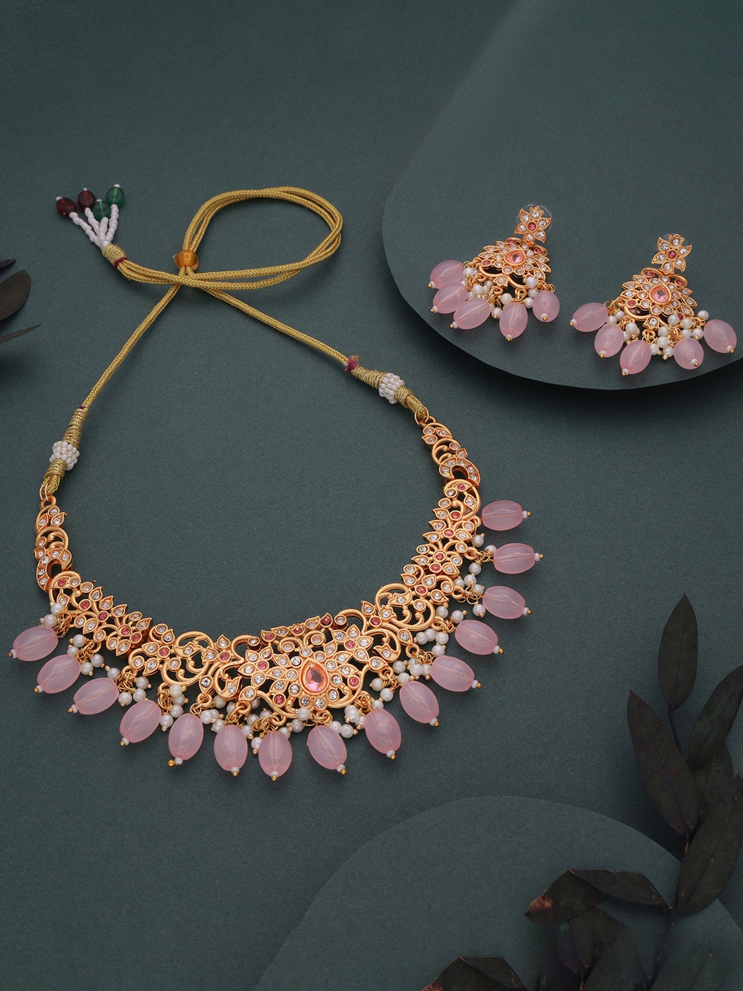 

Lyriss Gold-Plated Artificial Stones Studded & Beaded Jewellery Set, Pink
