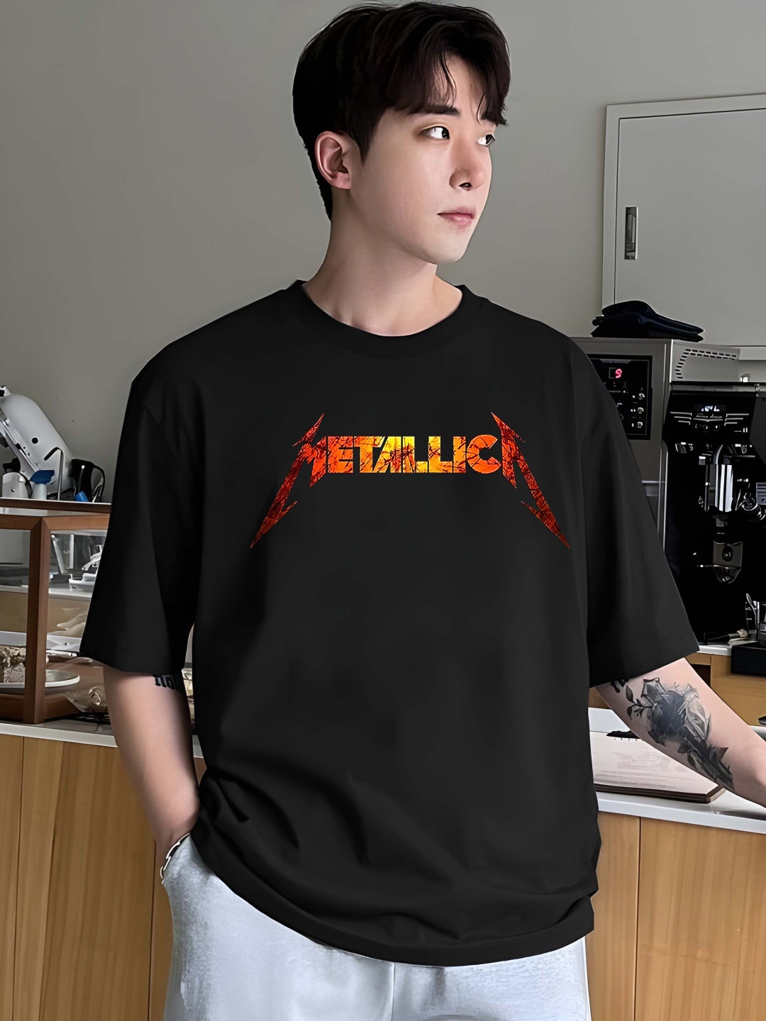 

Krimmple Men Drop-Shoulder Sleeves Pure Cotton T-shirt, Black