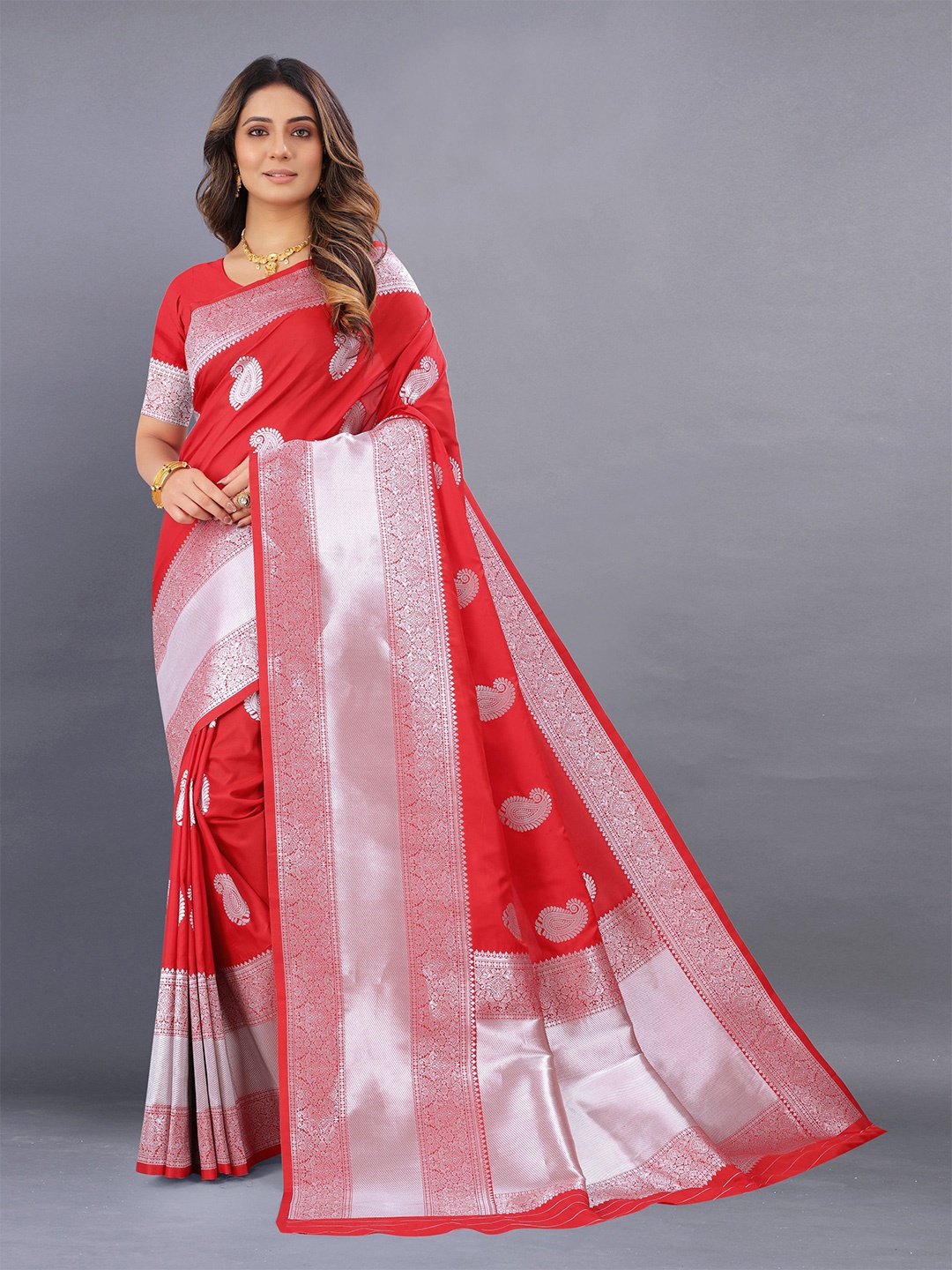 

bansari textiles Woven Design Zari Banarasi Saree, Red