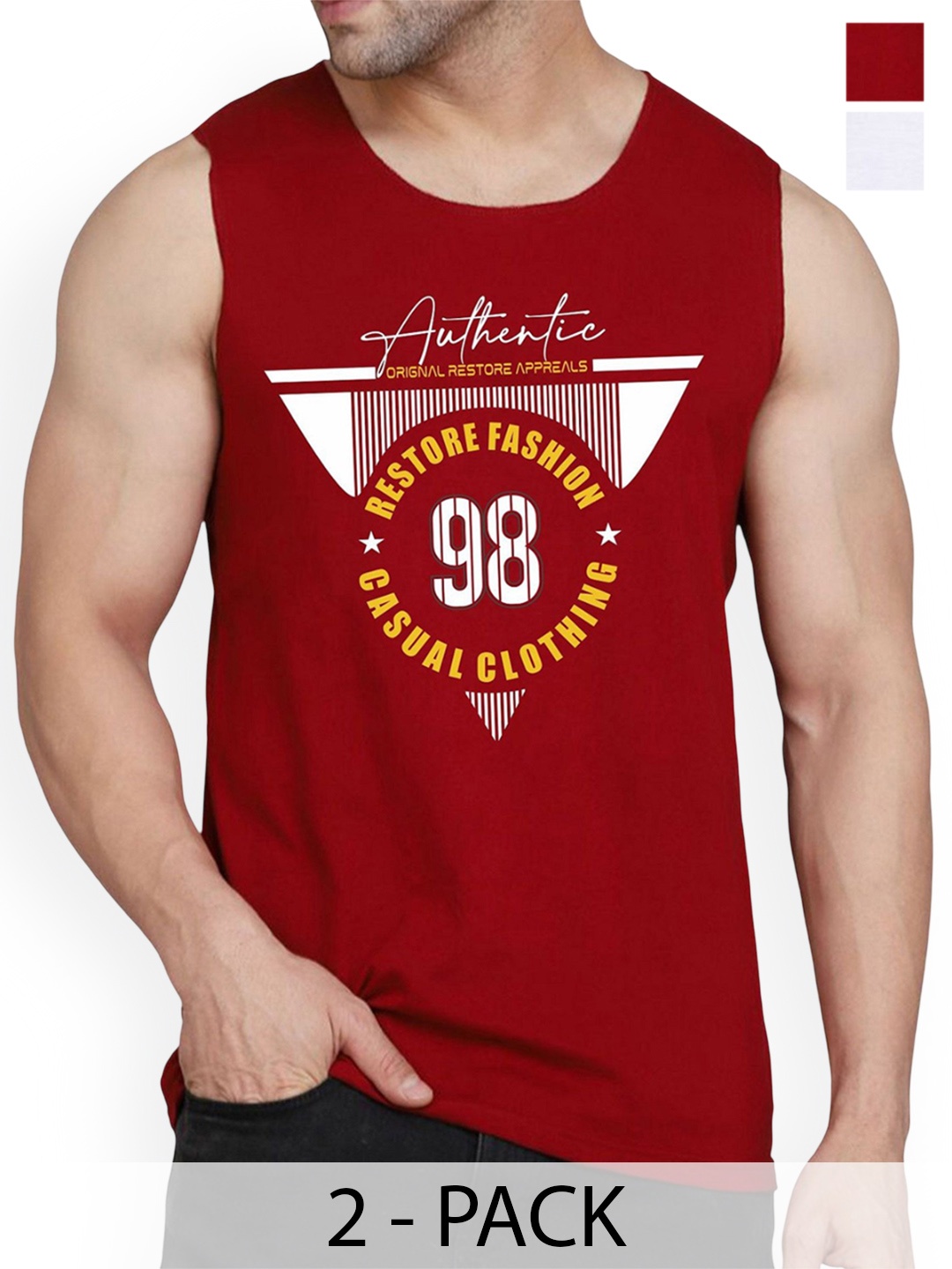 

WOOSTRO Men Pack Of 2 Printed Sleeveless Innerwear Gym Vests, Maroon