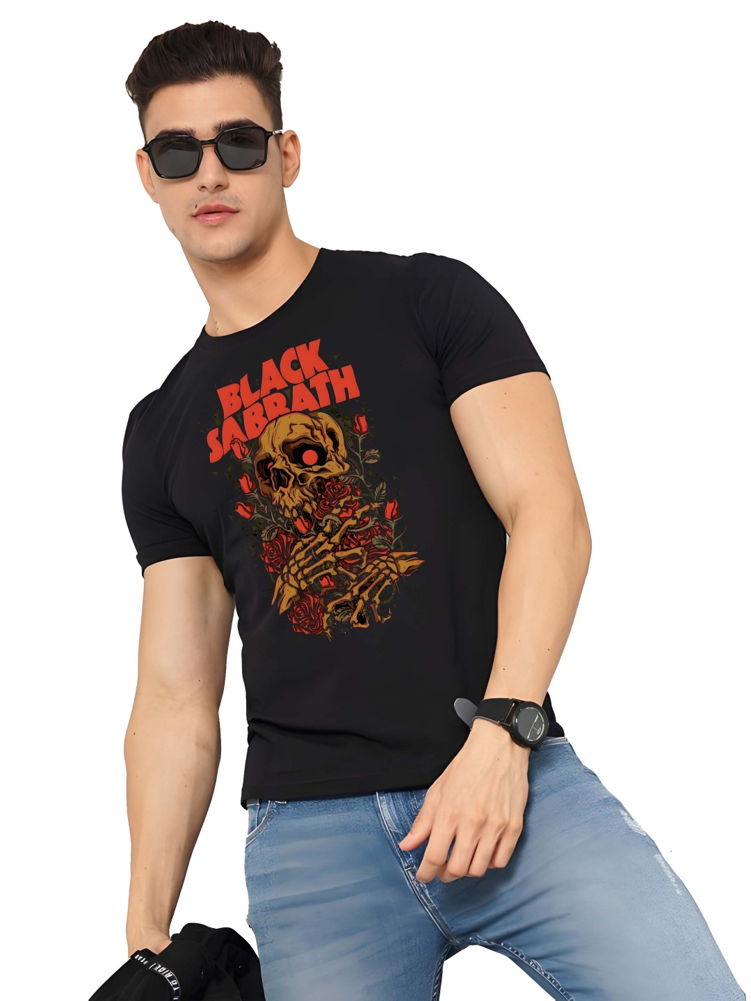 

Krimmple Men Graphic Printed Round Neck Cotton T-shirt, Black