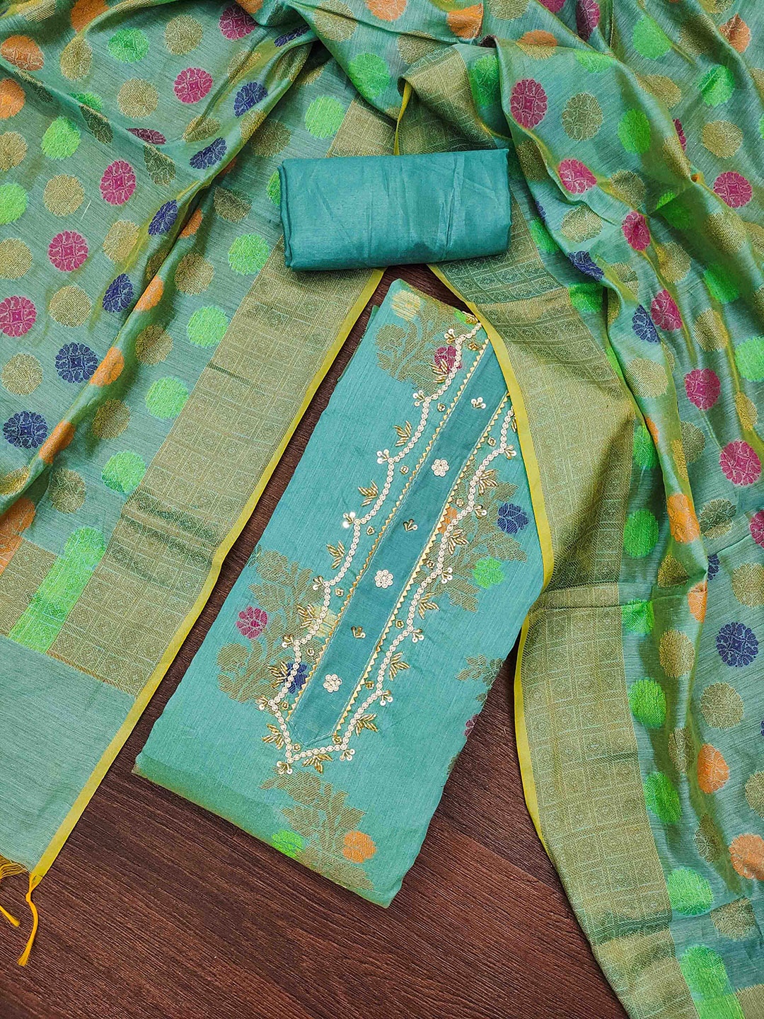 

KIMISHA Floral Woven Design Beads and Stones Unstitched Dress Material, Turquoise blue