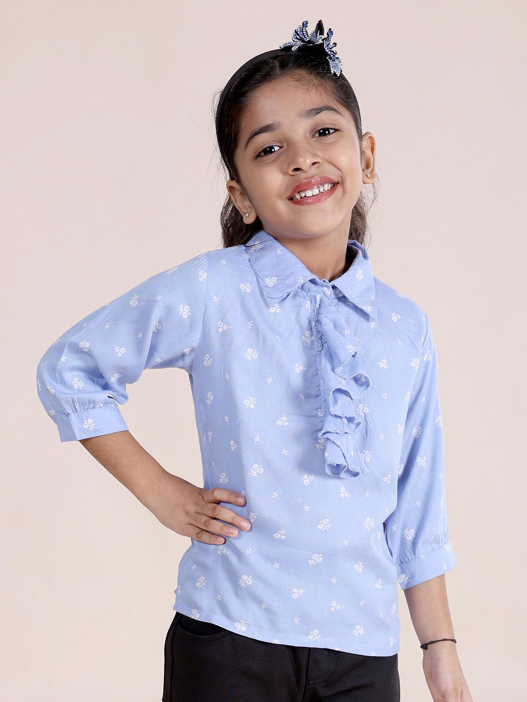 

KiddoPanti Floral Print Ruffles Georgette Shirt Style Top, Blue