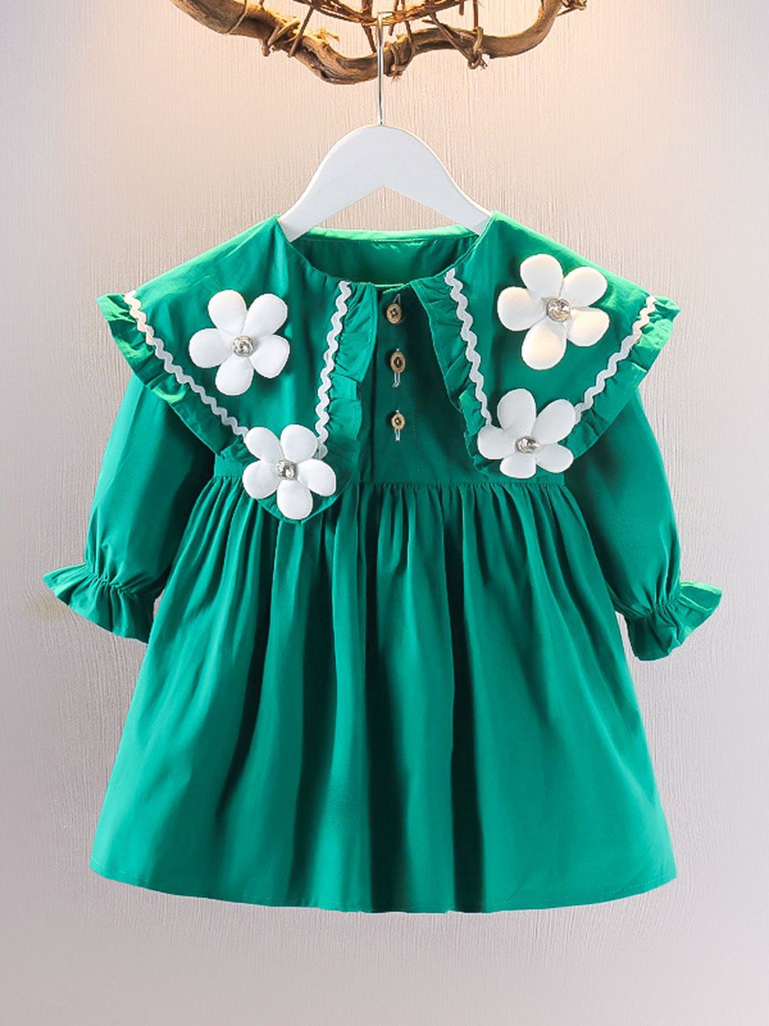 

YK Girls Puff Sleeves Fit & Flare Dress, Green