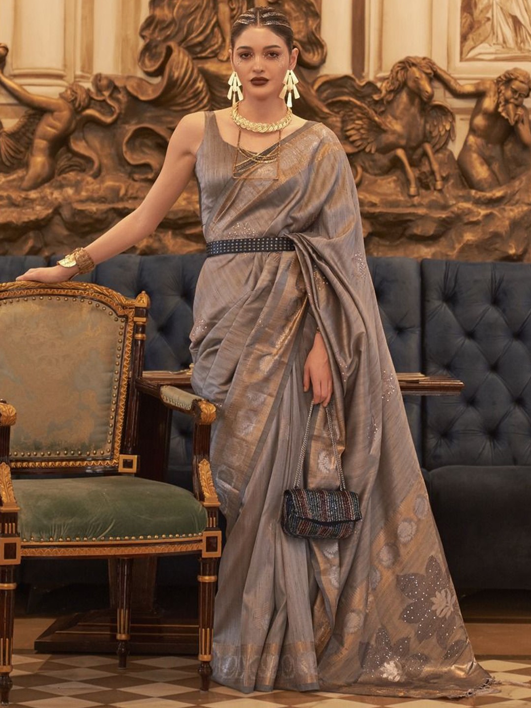 

Anouk Woven Design Zari Banarasi Saree, Grey