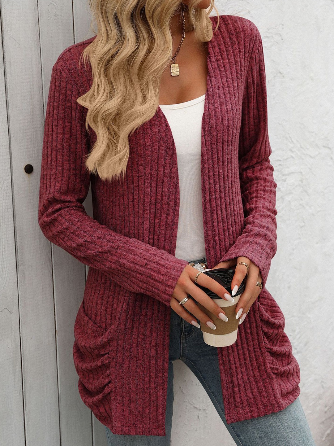 

StyleCast x Revolte Women Front-Open Longline Sweaters, Maroon