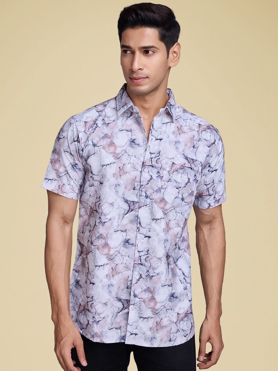 

SZN Men Standard Fit Spread Collar Abstract Printed Cotton Casual Shirt, White