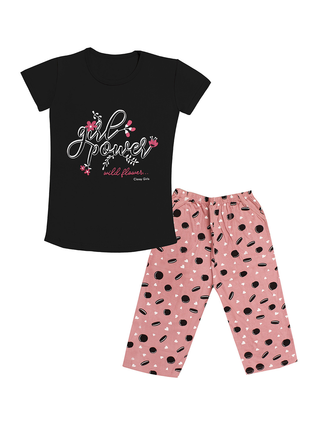 

Tee Weavers Girls Printed Pure Cotton Night suit, Black