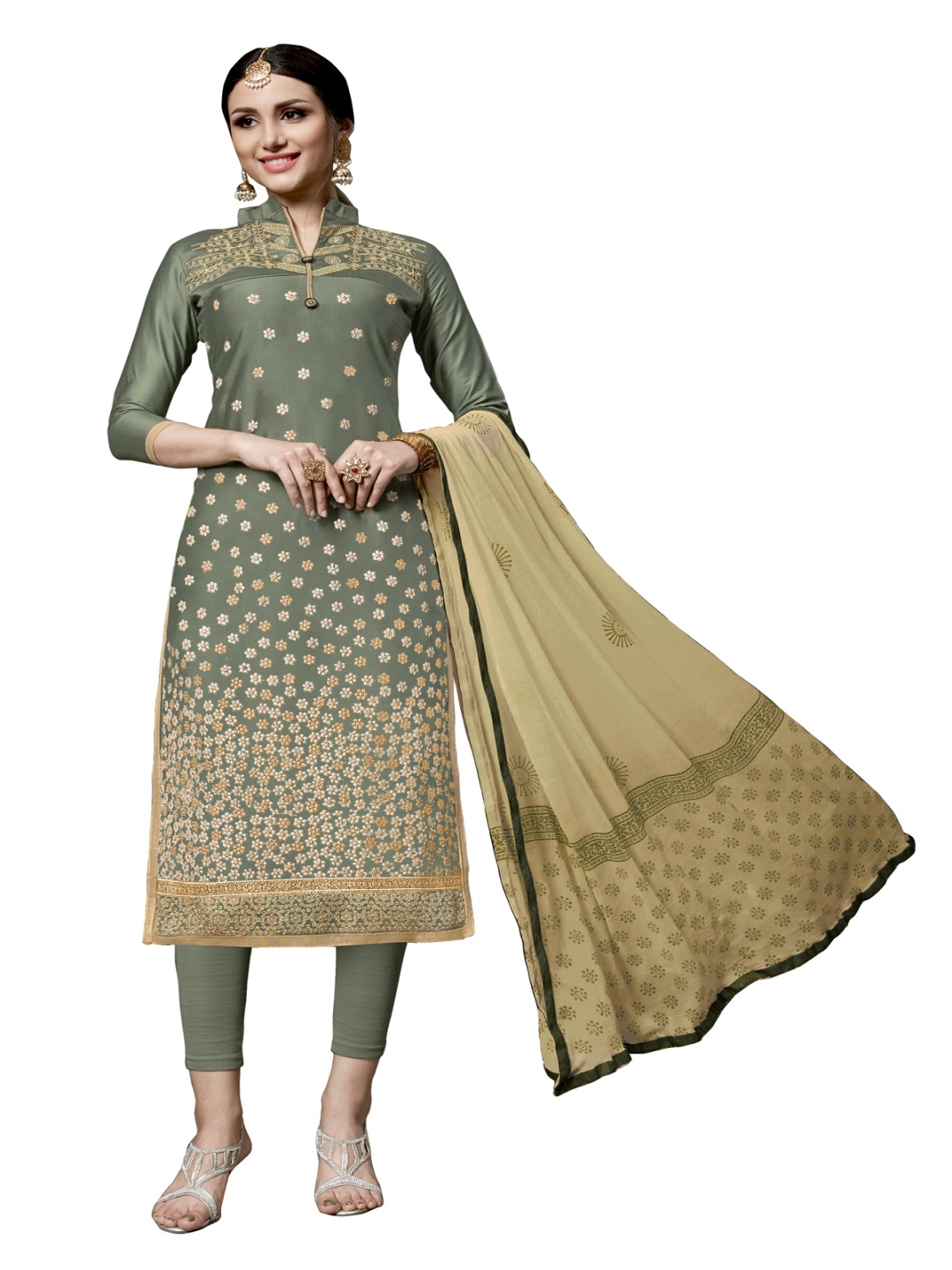 

HERE&NOW Floral Embroidered Cotton Unstitched Dress Material, Olive