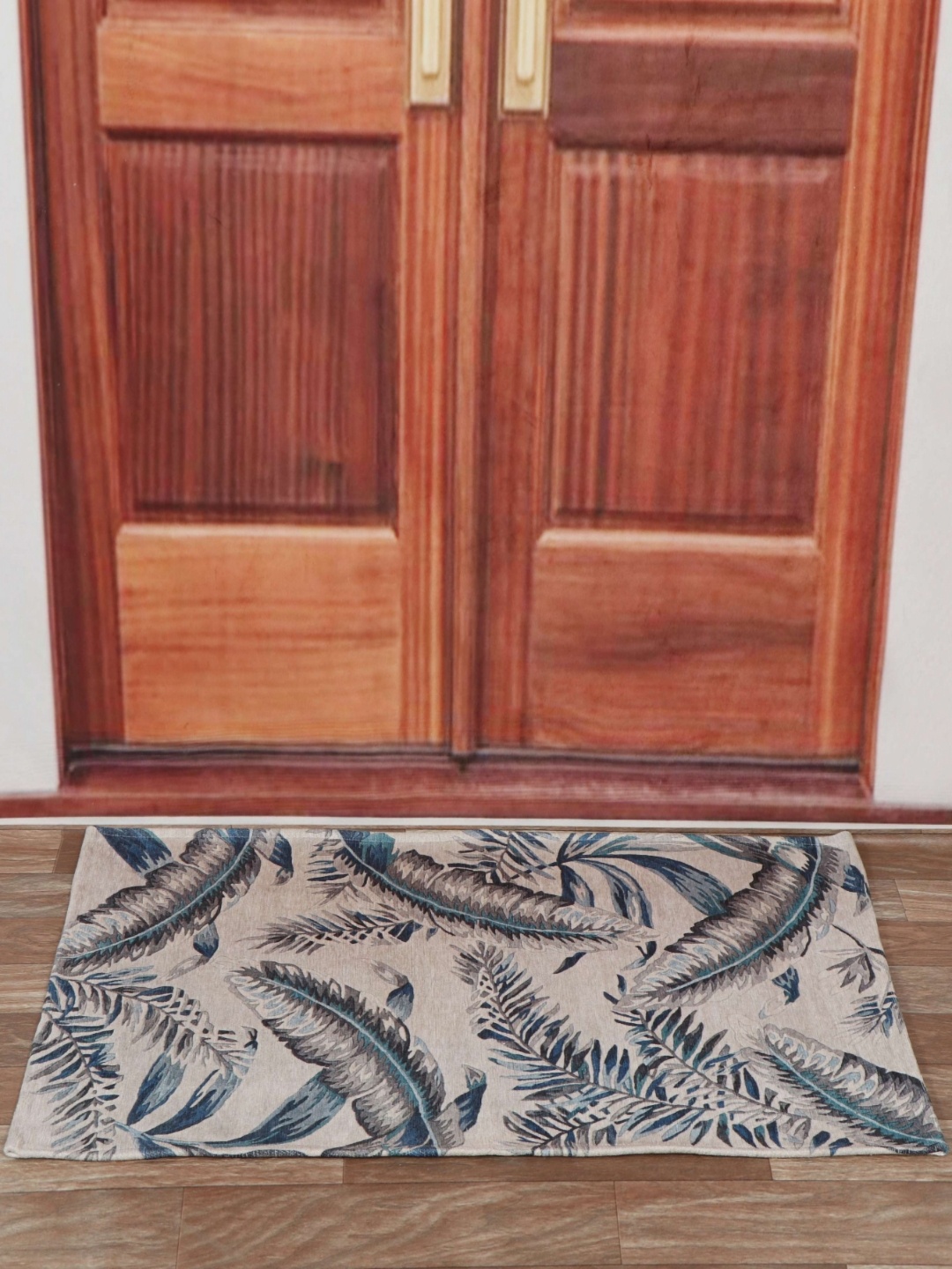 Aura Beige & Blue Leaves Printed Anti Skid Doormat