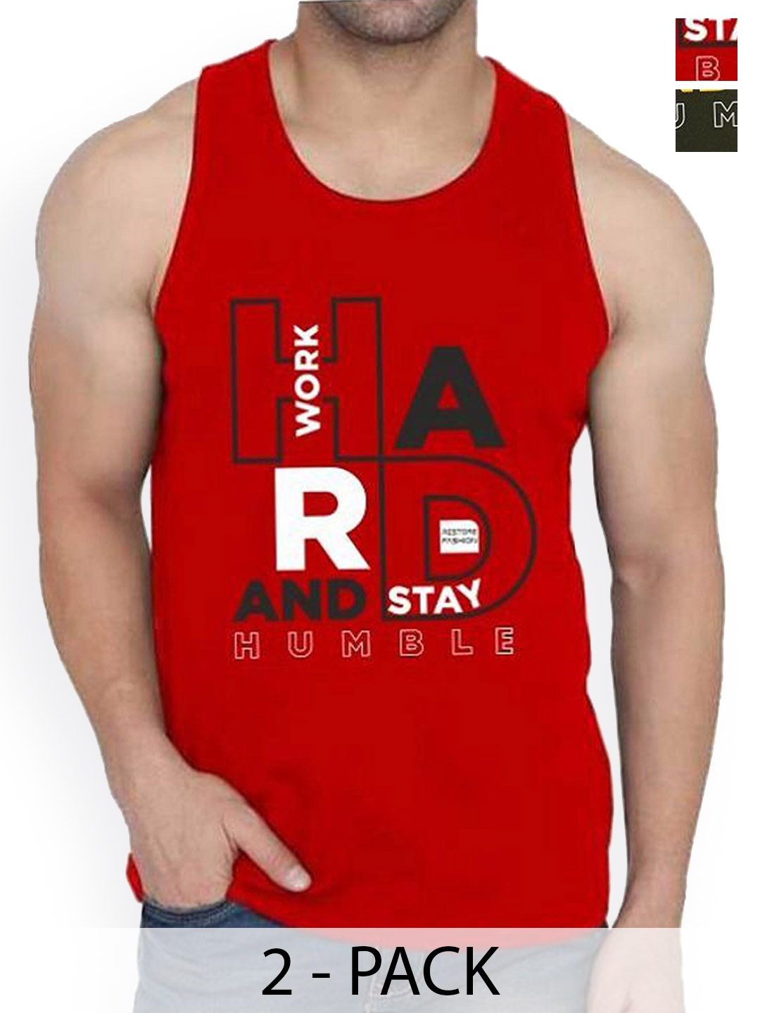 

Woostro Pack Of 2 Printed Cotton Gym Vests RS26 CMB (HARD OLIVE) (HARD RED)