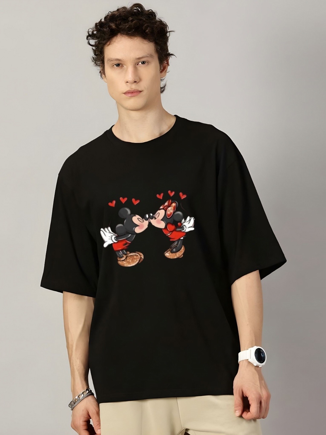 

Krimmple Men Mickey Mouse Graphic Printed Round Neck Cotton Oversized T-shirt, Black