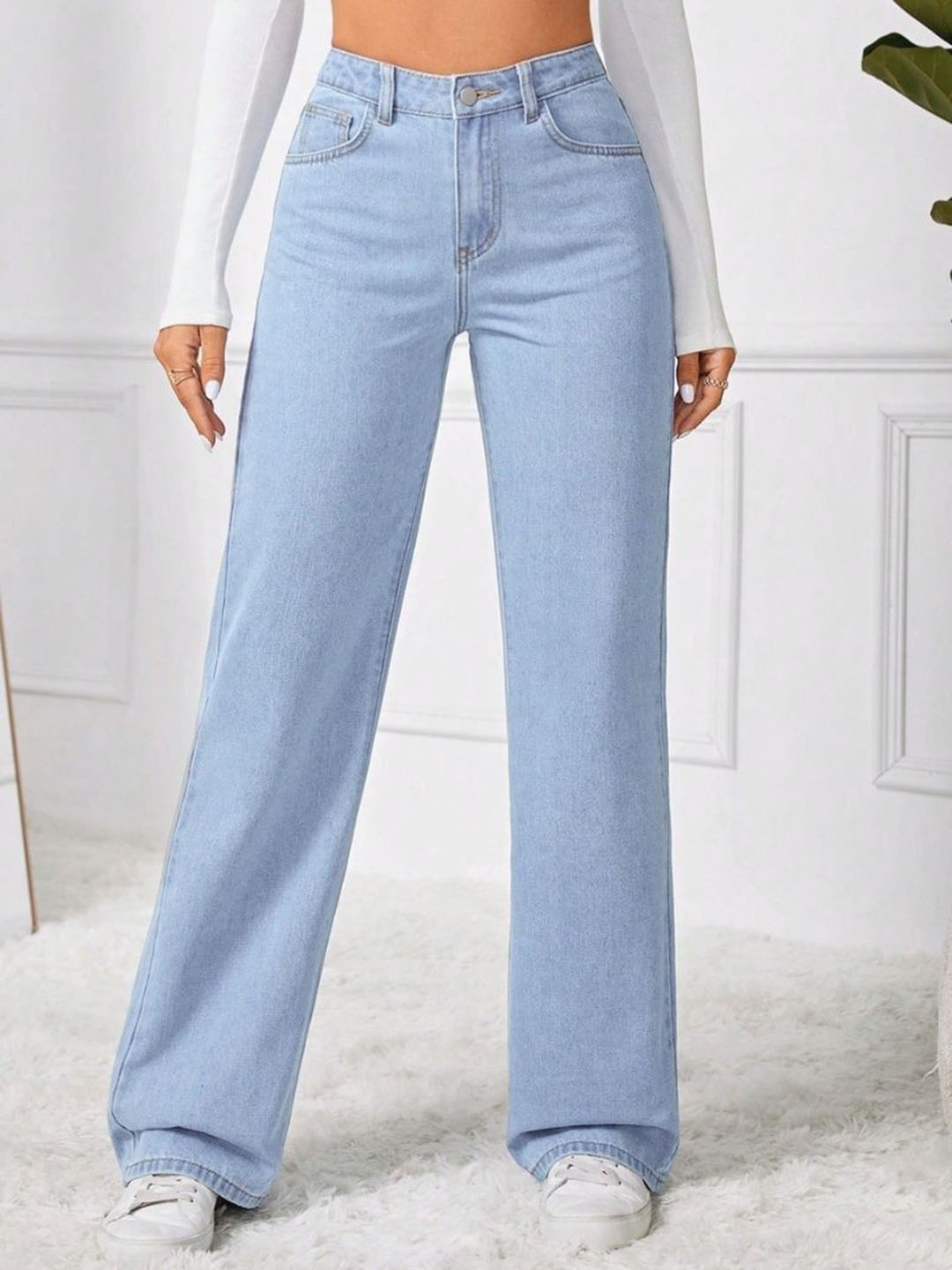 

NUCOUTHS Women Comfort Wide Leg Stretchable Jeans, Blue