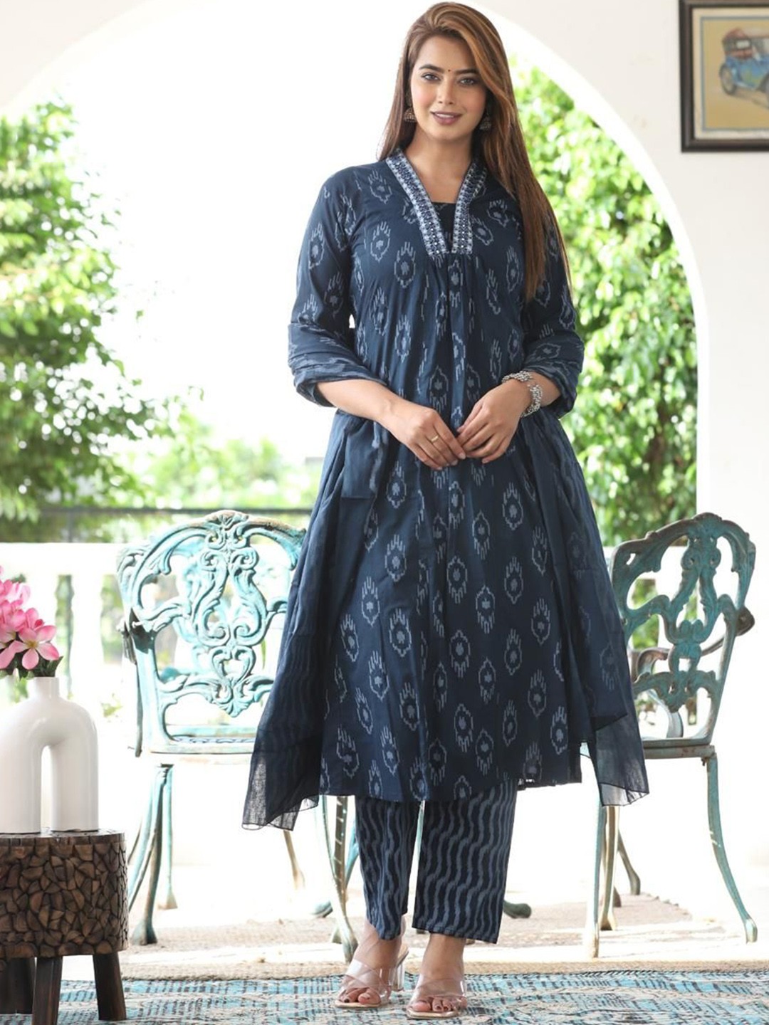 

KALINI Ethnic Motifs Printed Pleated V-Neck Sequinned A-Line Kurta With Trousers & Dupatta, Blue