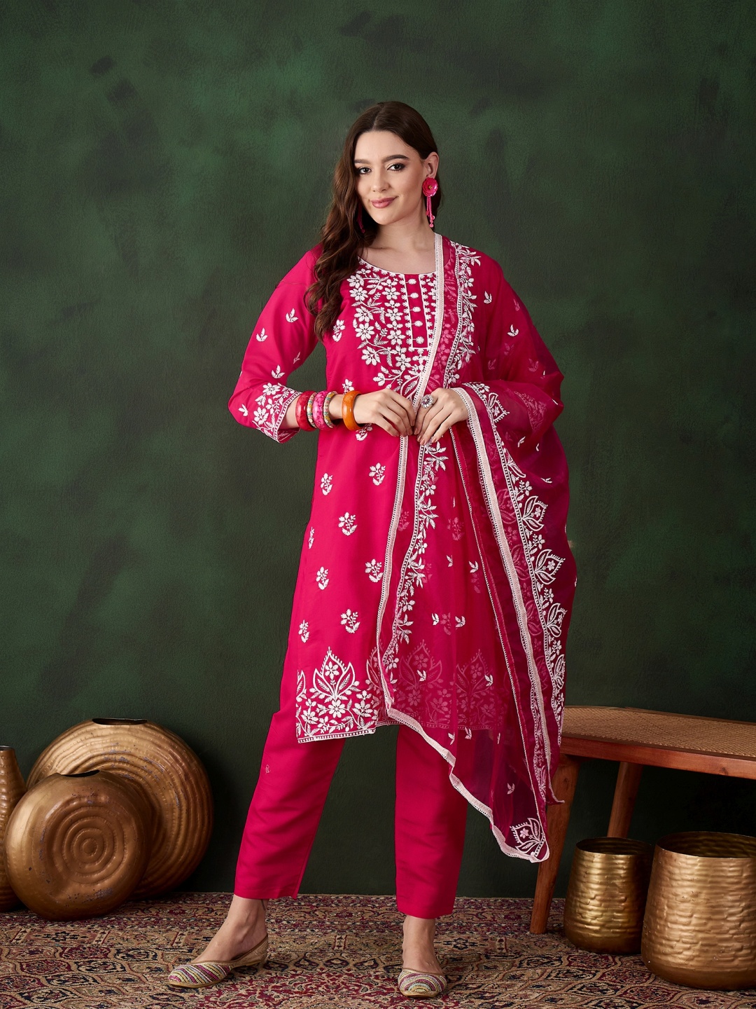 

Blissta Pink Floral Embroidered Round Neck Chikankari Kurta With Trousers & Dupatta