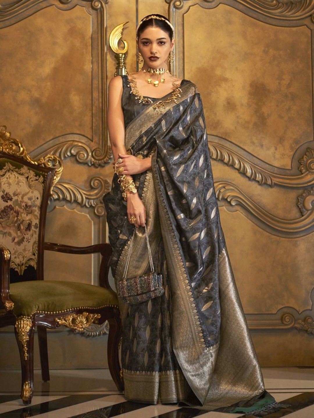 

Anouk Woven Design Zari Banarasi Saree, Grey
