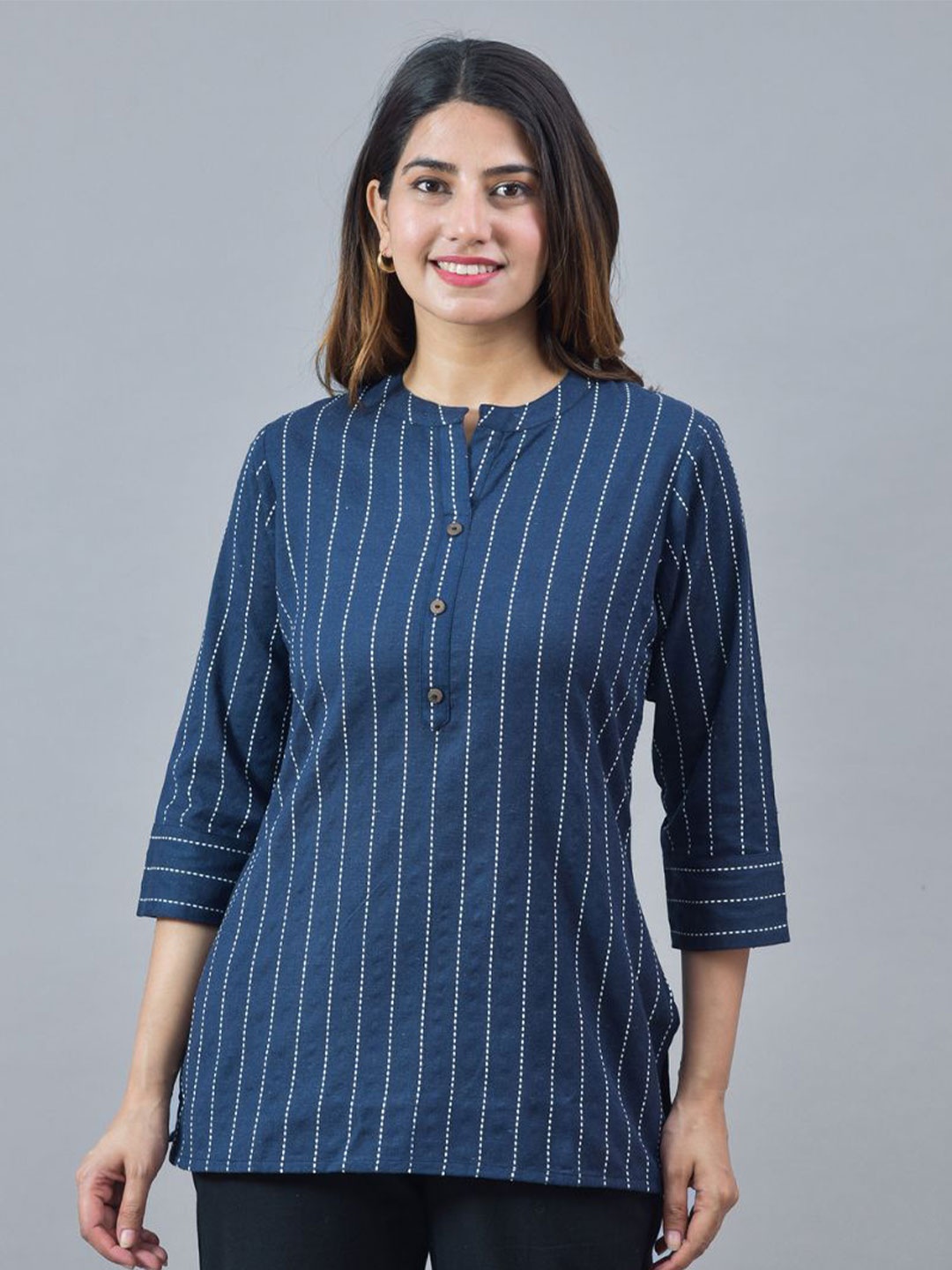 

Suha Striped Mandarin Collar Cotton Top, Navy blue
