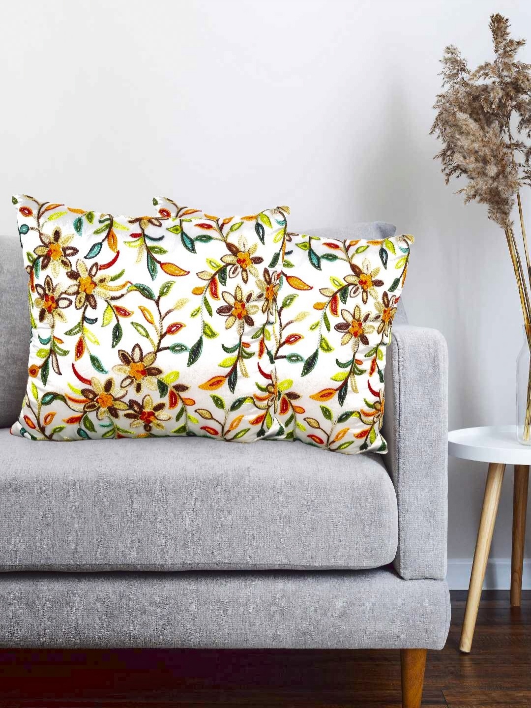 

Vinayaka Fab White And Yellow 2 Pieces Embroidered Silk Square Cushion Covers