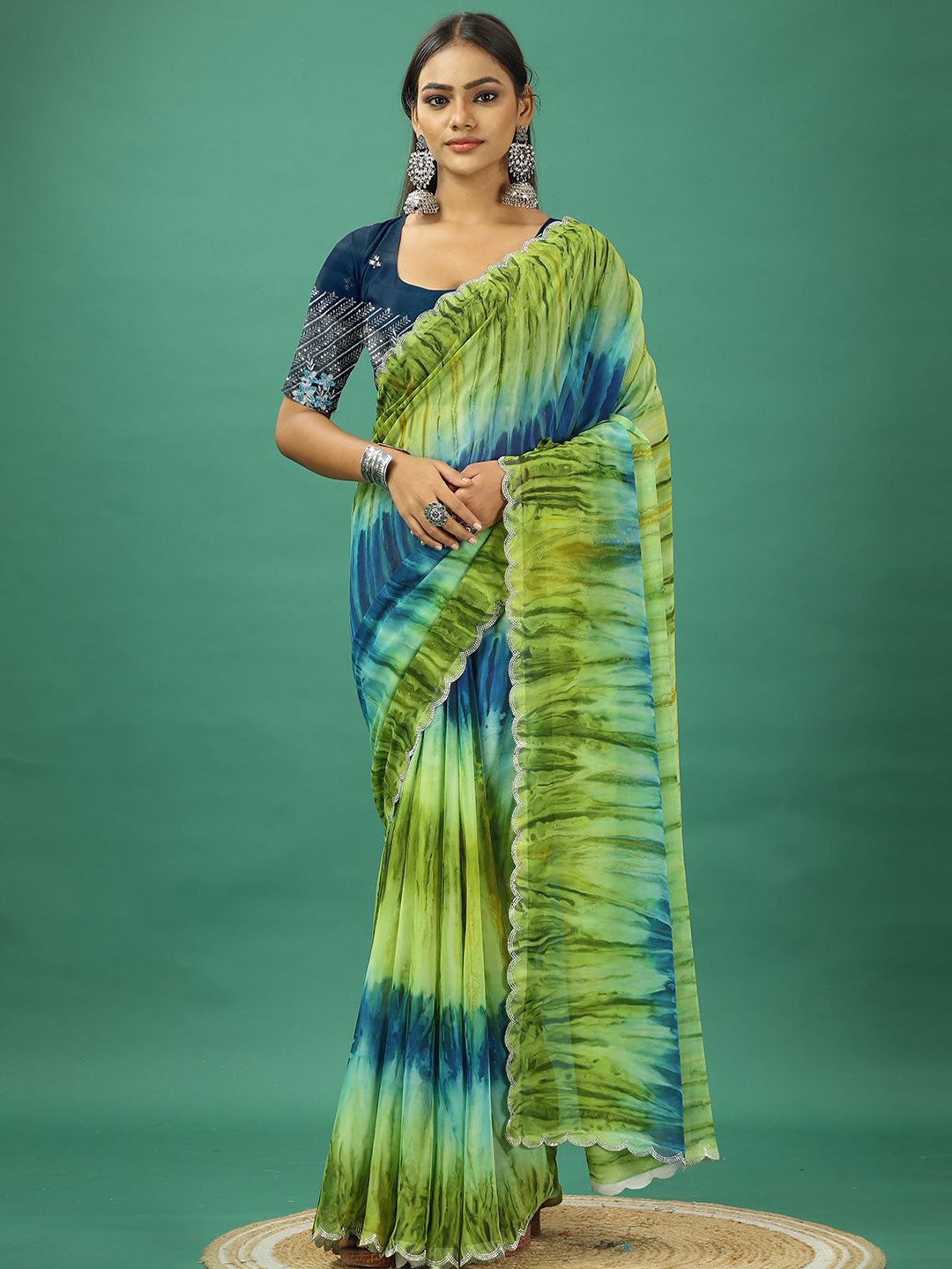 

A.V.M. SILK MILLS Tie and Dye Pure Georgette Saree, Blue